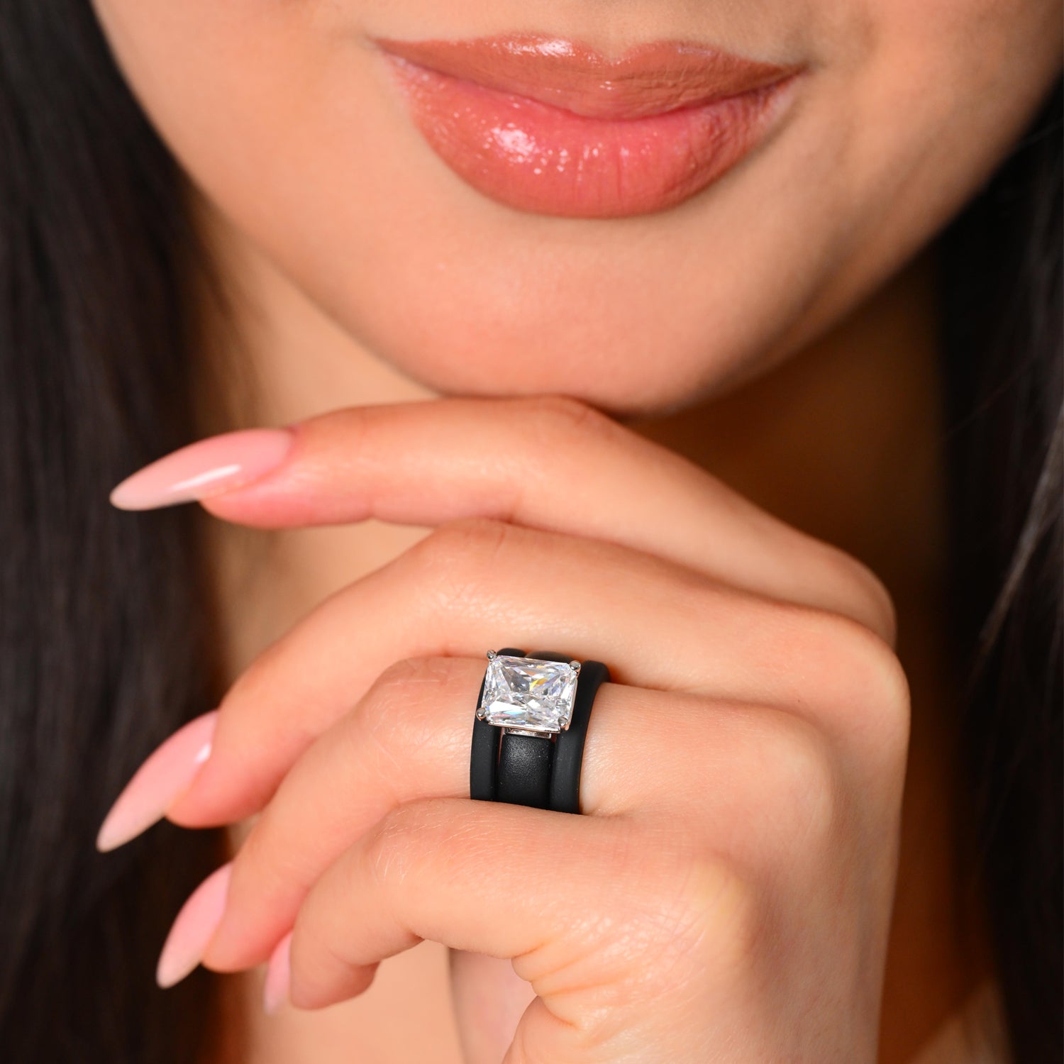 Emerald Cut CZ Silicone Ring Set for Women, 2 Thin Stackable Rings, 10x8 mm CZ Stone, Patented Design, GlowStone Collection