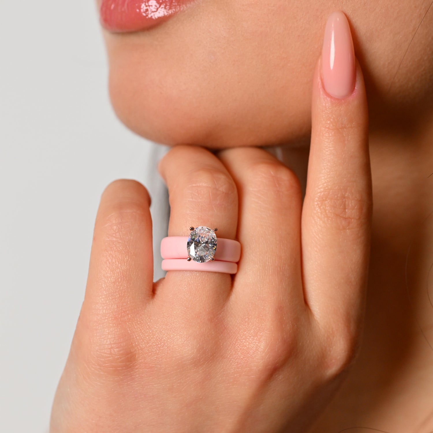 Oval Cut CZ Silicone Ring Set for Women, Stackable 2-Ring Set, 11×8 mm Oval Cut CZ | Patented Design - GlowStone Collection