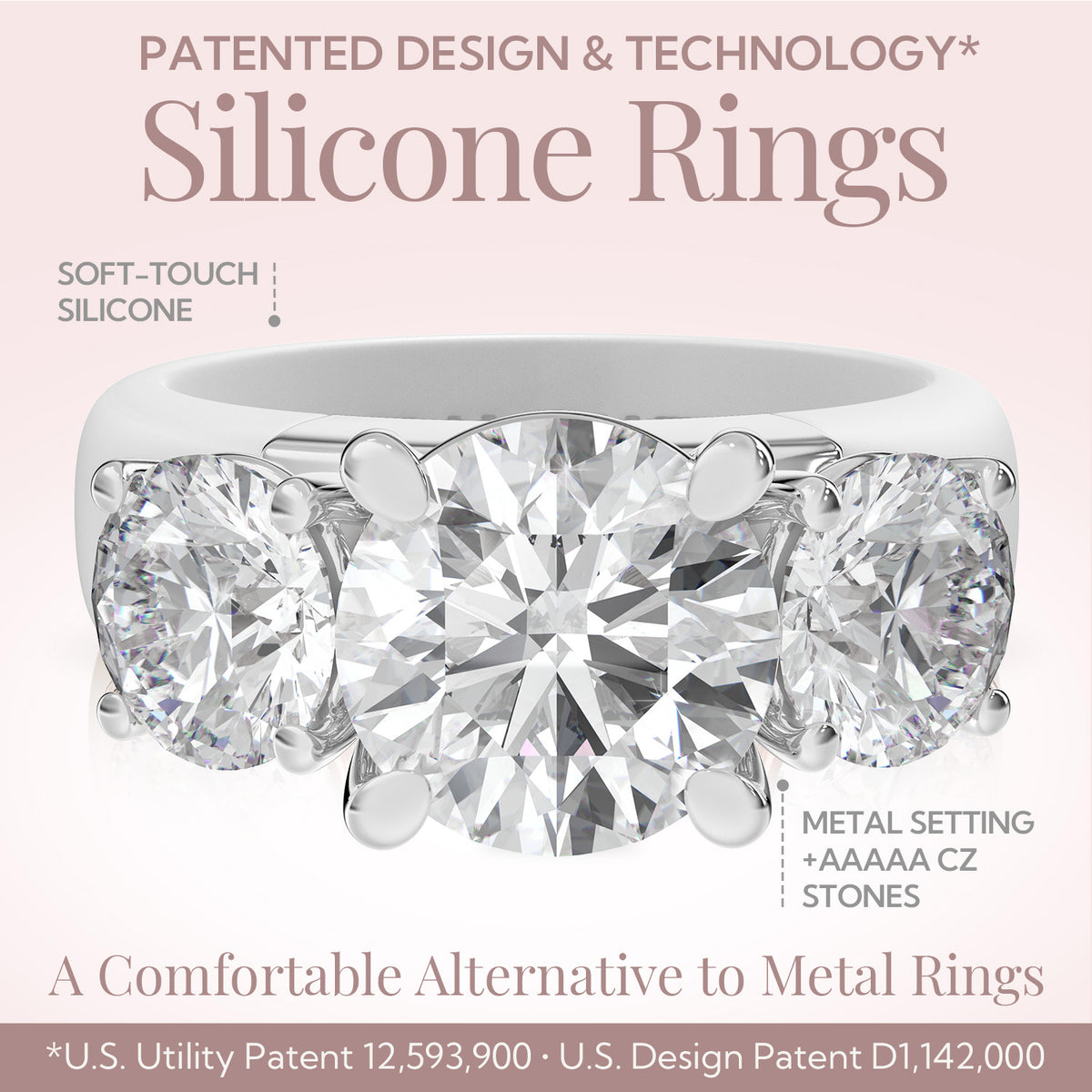 Rinfit Silicone Rings Set for Women, Stackable 2-Ring Set, Three Round CZ Stones + Thin Band - Patented Design