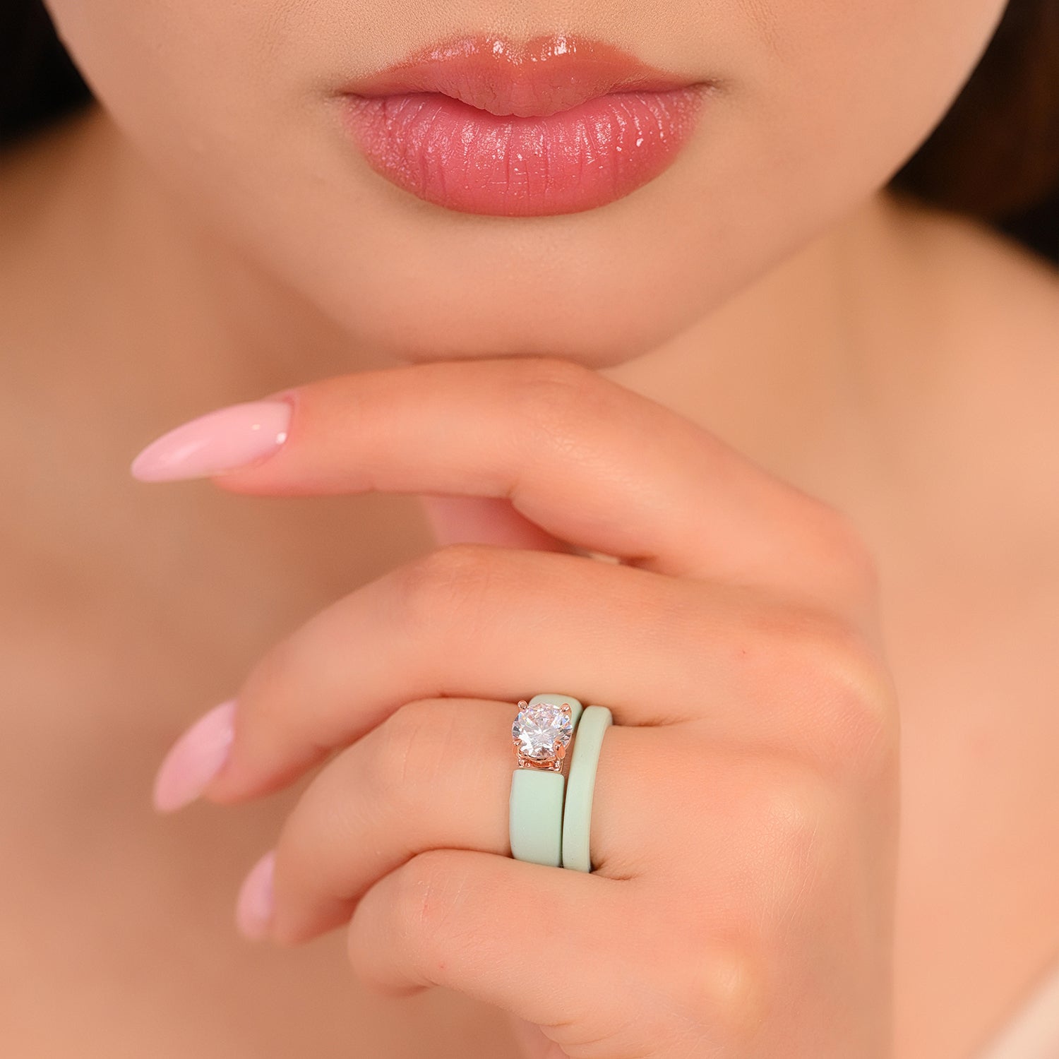 Round Cut CZ Silicone Ring Set for Women, Stackable 2-Ring Set, 7 mm Round Cut CZ | Patented Design - GlowStone Collection