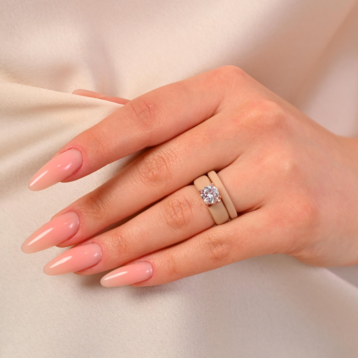 Round Cut CZ Silicone Ring Set for Women, Stackable 2-Ring Set, 7 mm Round Cut CZ | Patented Design - GlowStone Collection