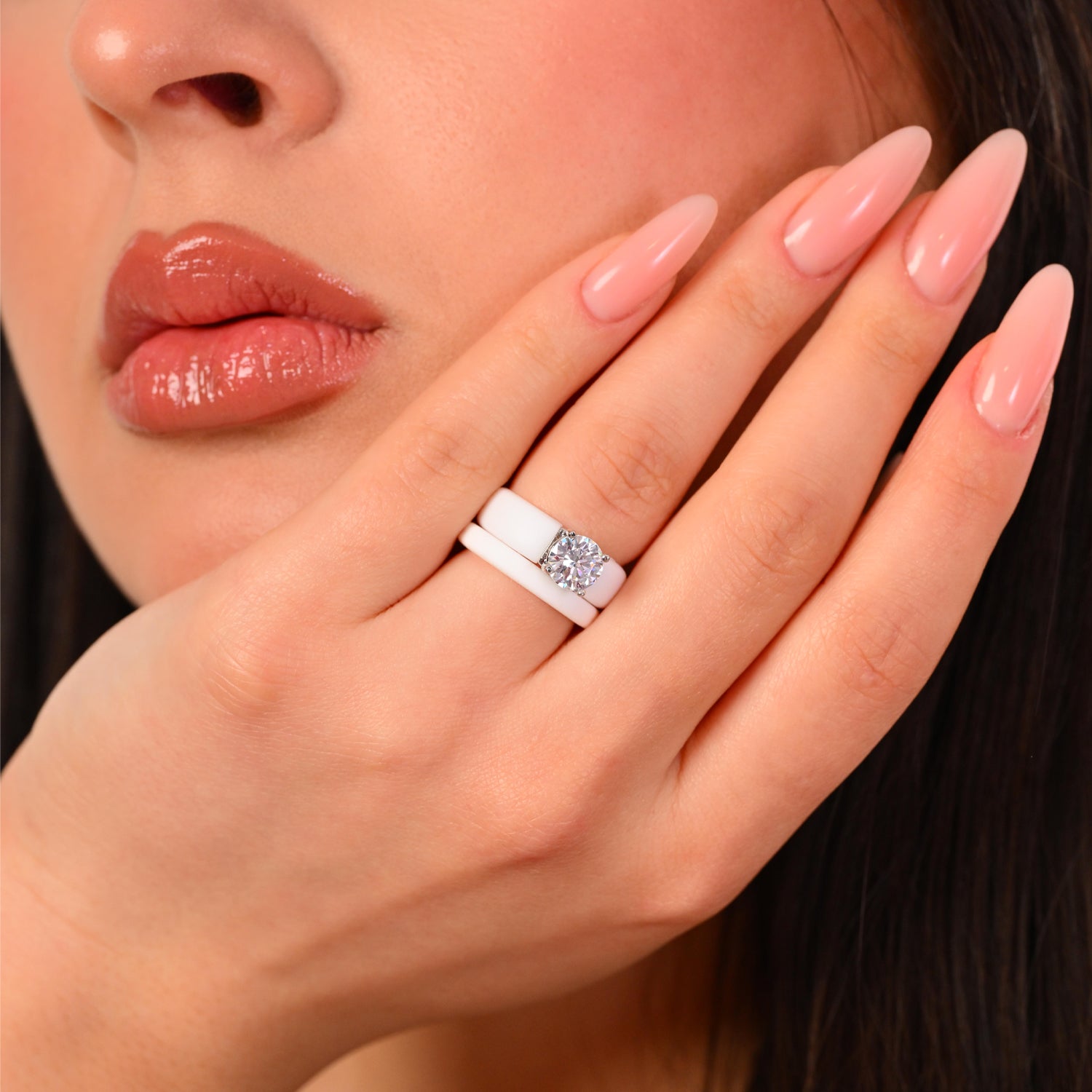 Round Cut CZ Silicone Ring Set for Women, Stackable 2-Ring Set, 7 mm Round Cut CZ | Patented Design - GlowStone Collection