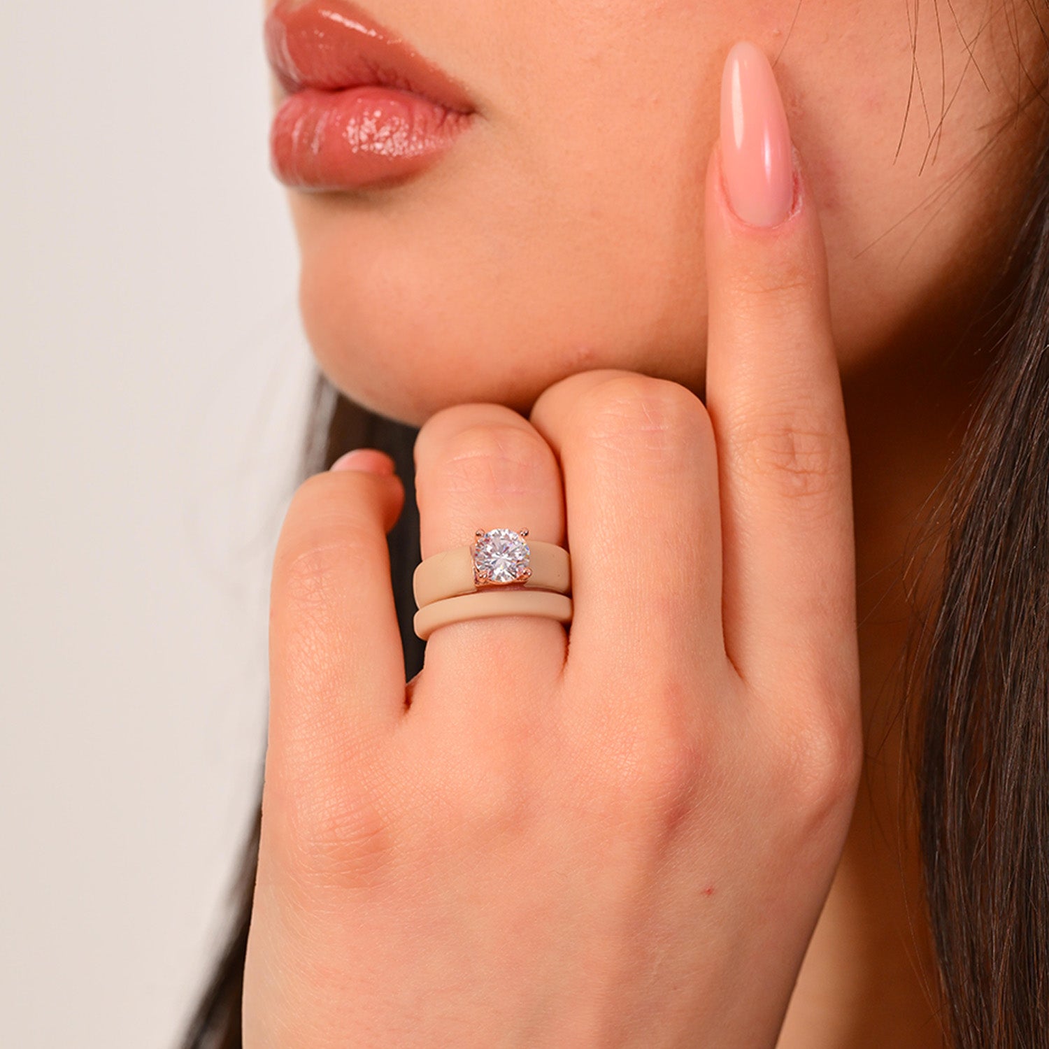 Round Cut CZ Silicone Ring Set for Women, Stackable 2-Ring Set, 7 mm Round Cut CZ | Patented Design - GlowStone Collection