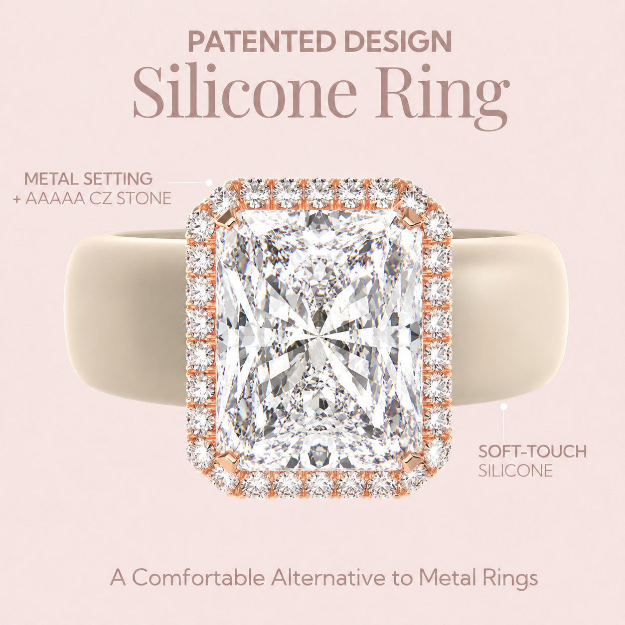 Rinfit Halo Silicone Ring for Women – 10×8 mm Emerald Cut CZ | Patented Design