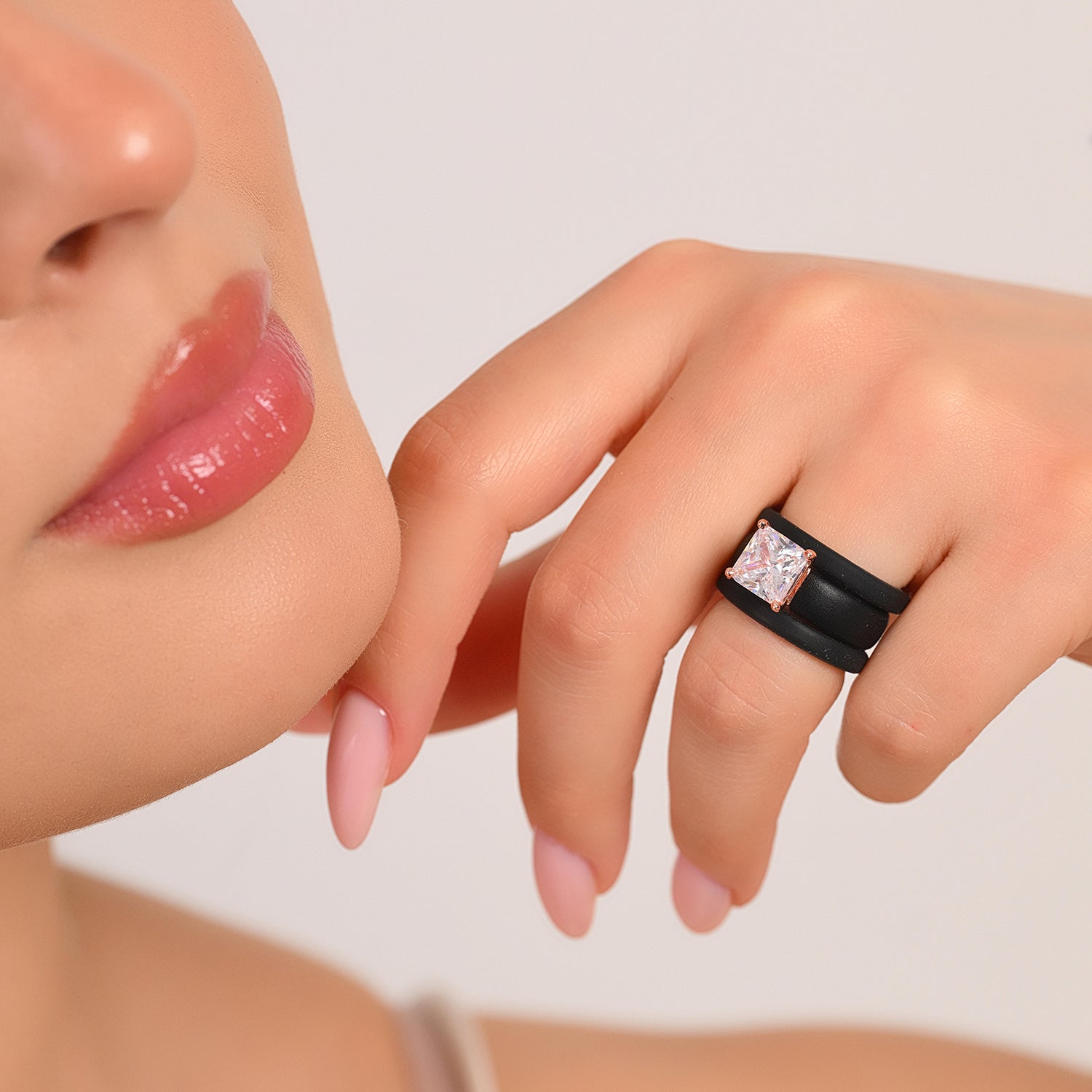 Princess Cut CZ Silicone Ring Set for Women, 2 Thin Stackable Rings – 8 ×8 mm Princess Cut CZ | Patented Design - GlowStone Collection