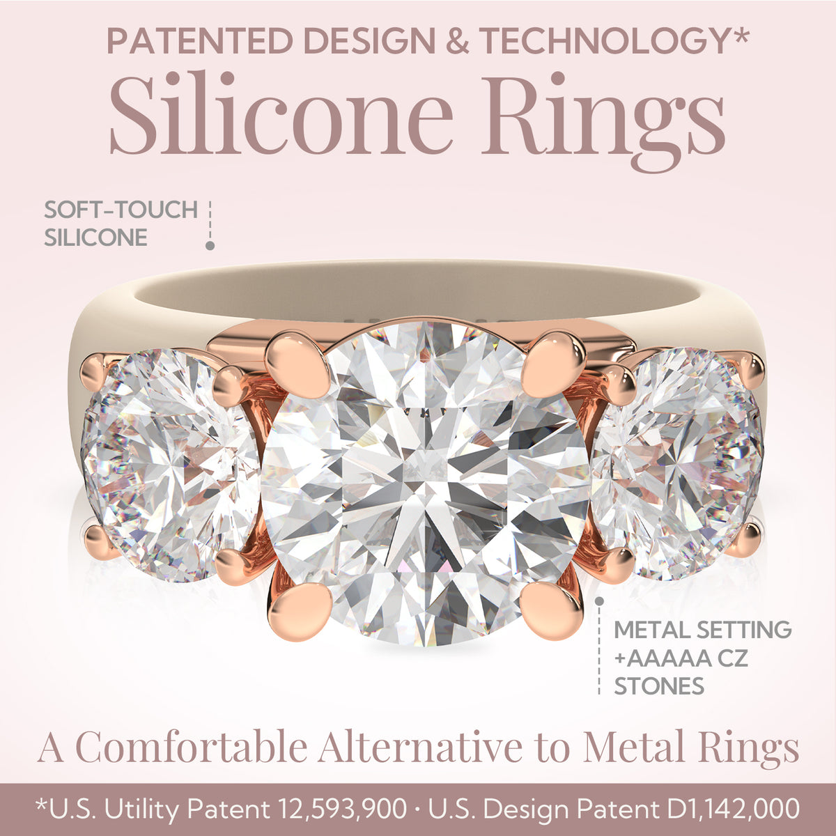 Rinfit Silicone Rings Set for Women, Stackable 3-Ring Set, Three Round CZ Stones + 2 Thin Bands - Patented Design