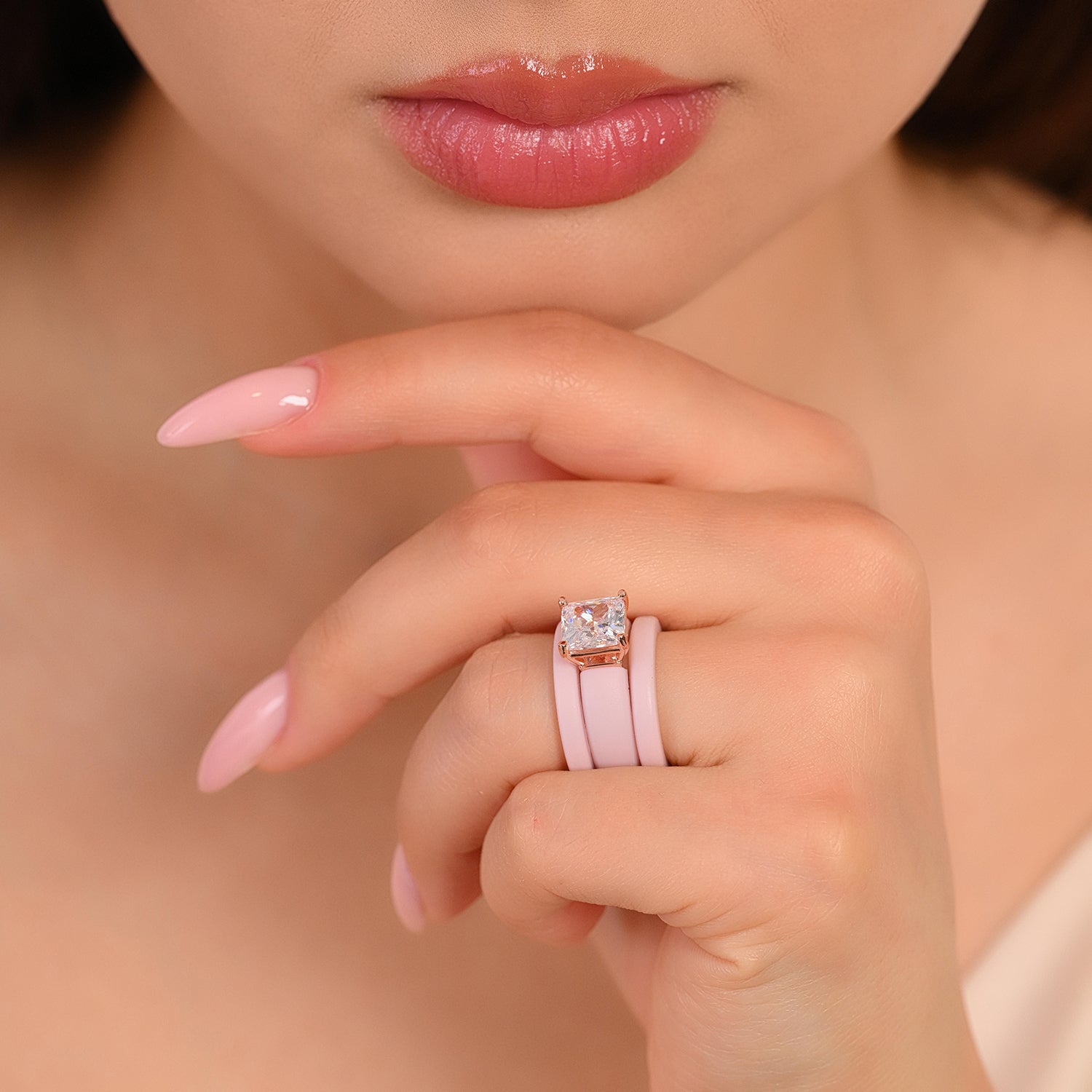 Princess Cut CZ Silicone Ring Set for Women, 2 Thin Stackable Rings – 8 ×8 mm Princess Cut CZ | Patented Design - GlowStone Collection