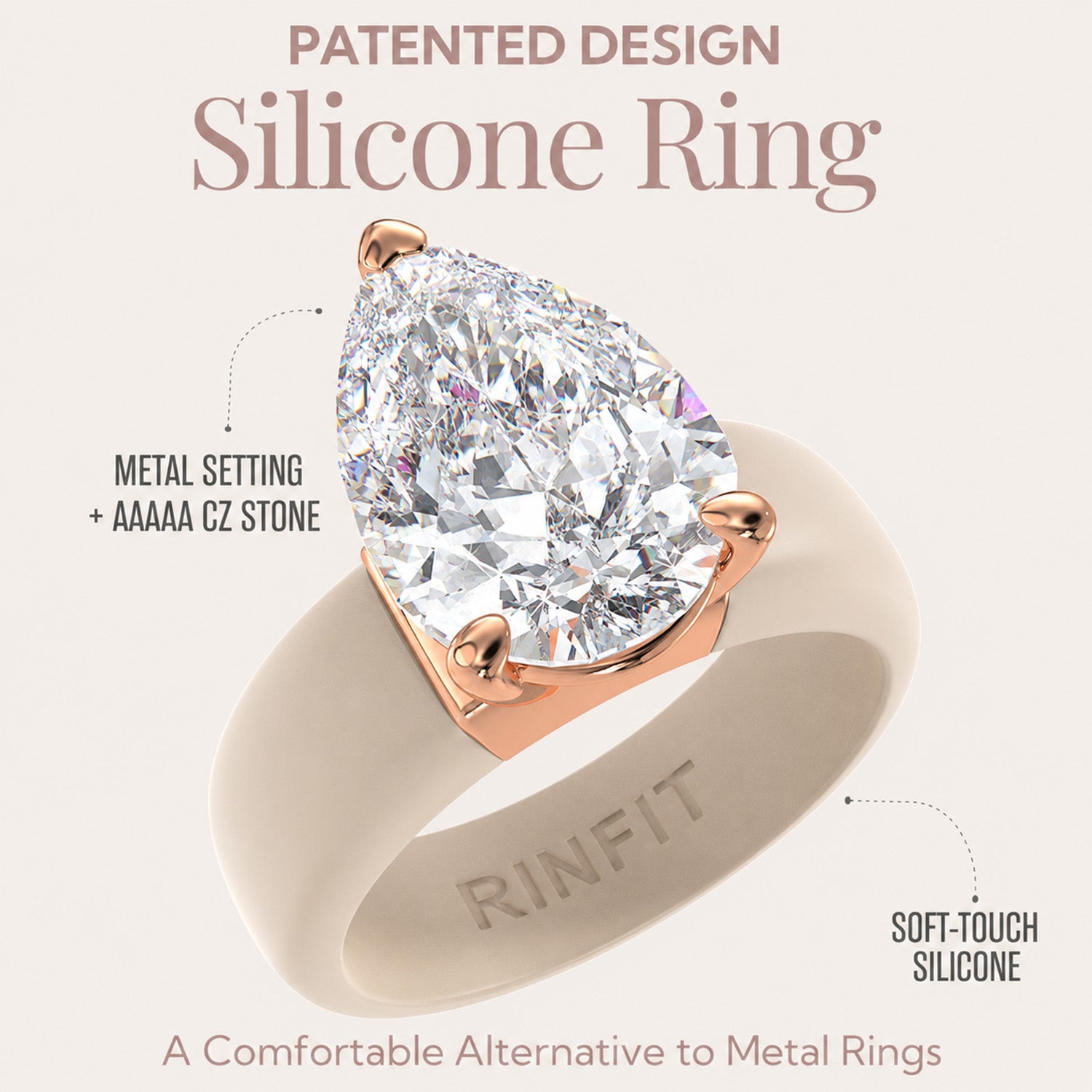 Pear Cut CZ Silicone Ring Set for Women, 2 Thin Stackable Rings, 8×12 mm Pear Cut CZ, Patent-Pending Design - GlowStone Collection