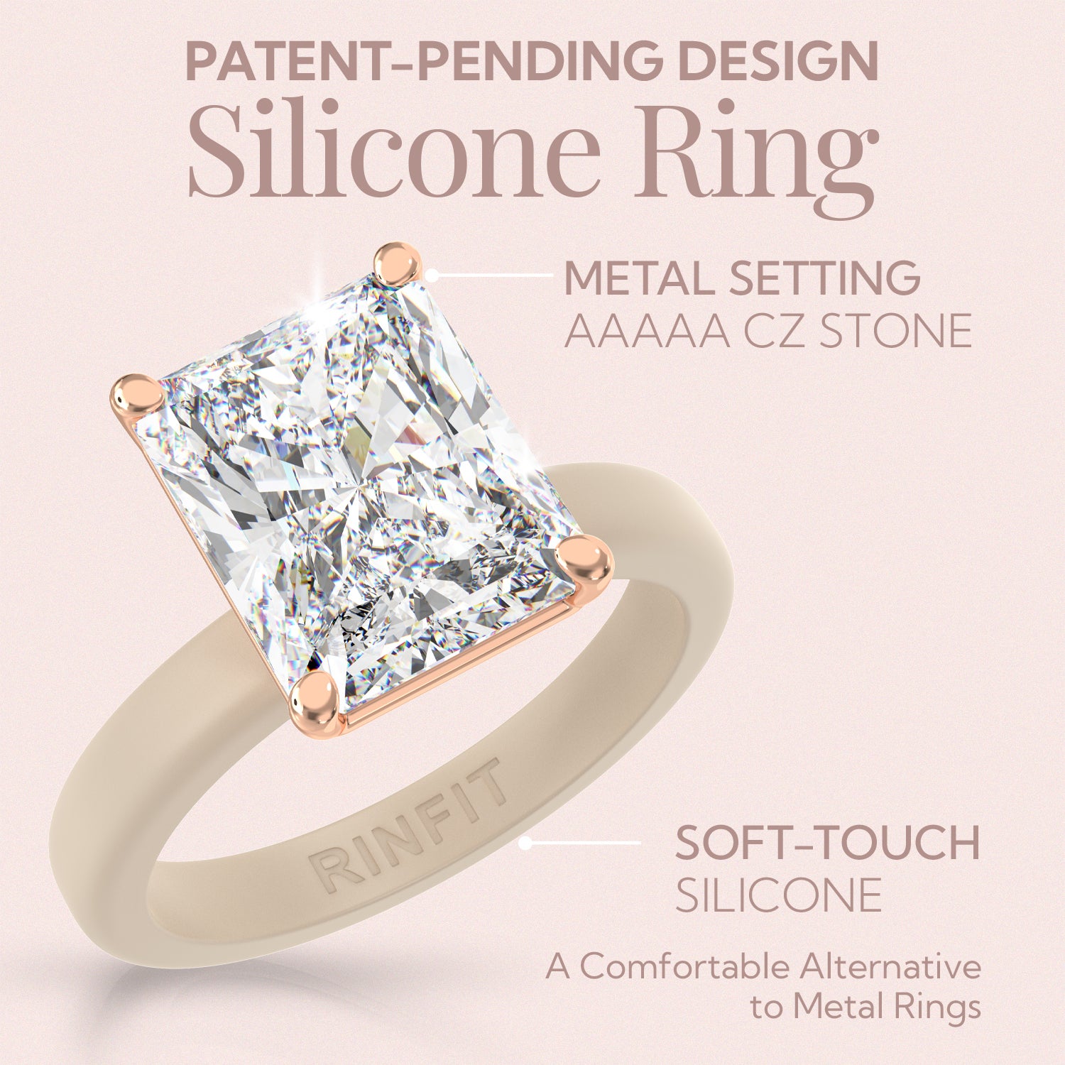 Rinfit Thin Silicone Ring – 10×8 mm Emerald Cut CZ | Patented Design - GlowStone Collection