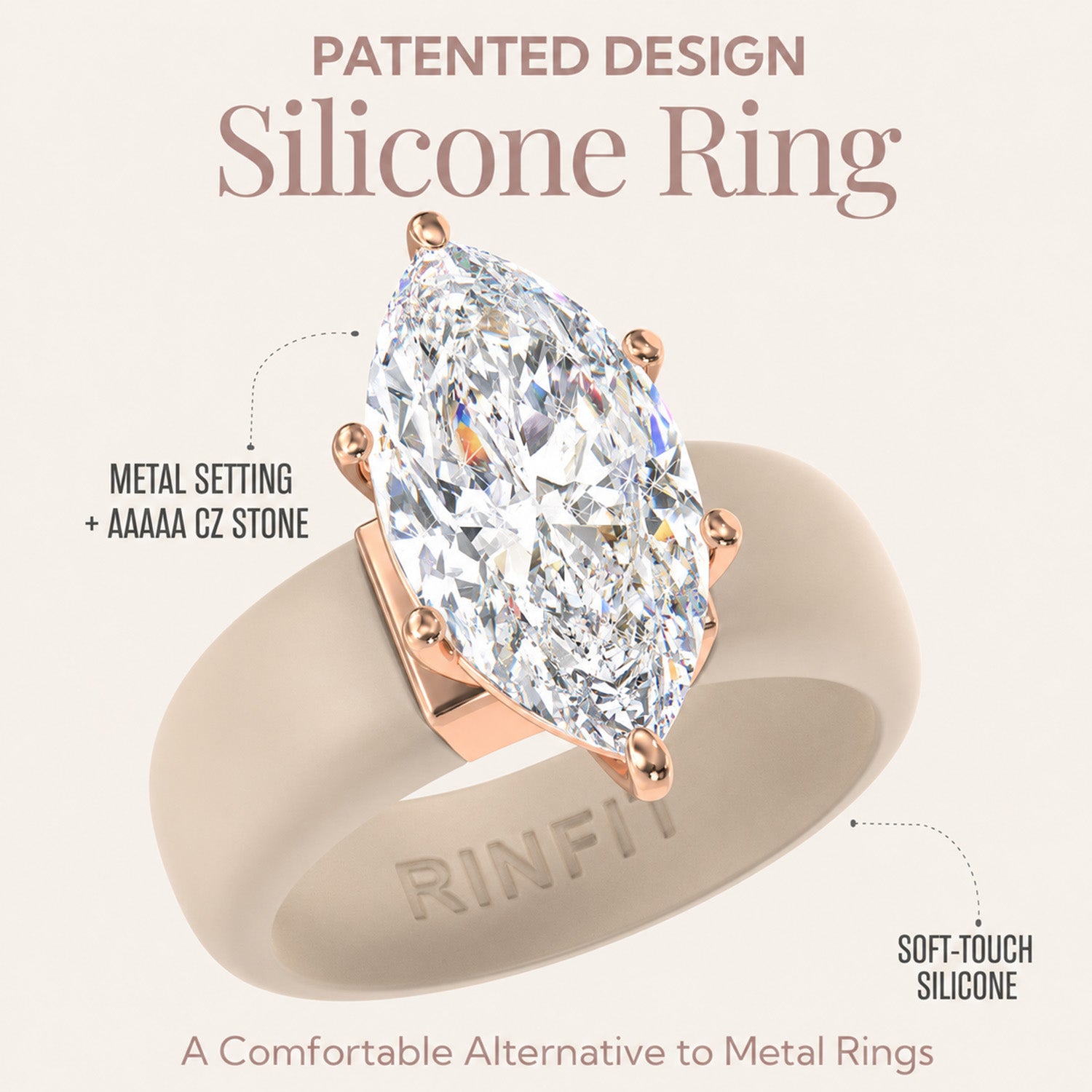 Silicone Ring – 14×7 mm Marquise Cut CZ | Patent-Pending Design - GlowStone Collection