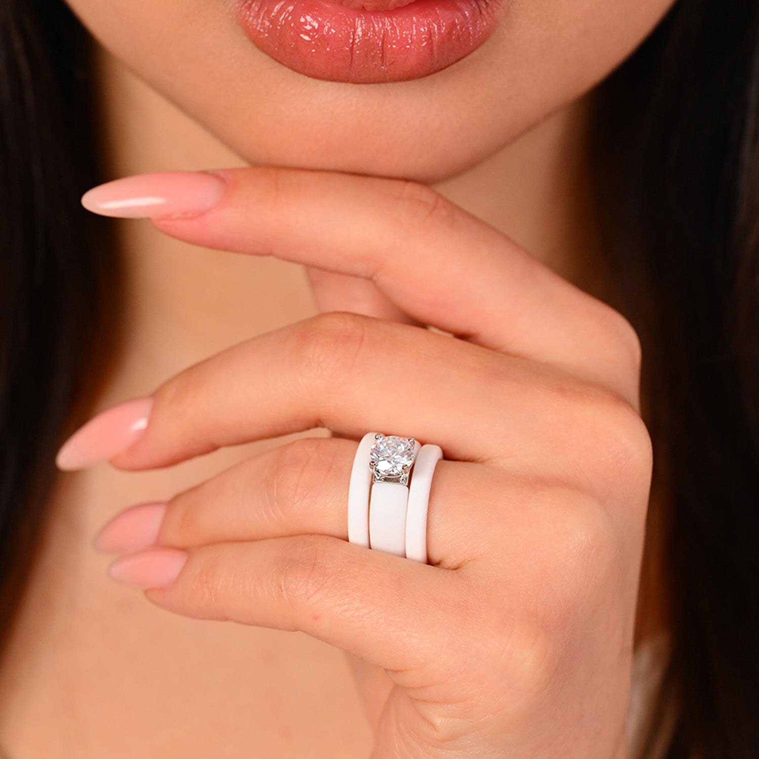Round Cut Silicone Ring Set for Women, 2 Thin Stackable Rings - 7 mm Round Cut CZ | Patented Design - GlowStone Collection