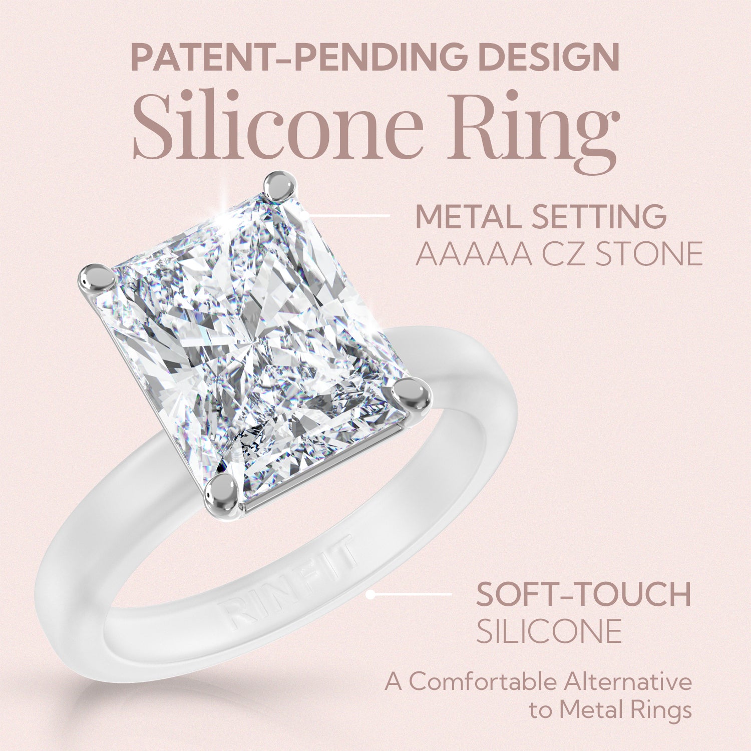Rinfit Frosted Clear Thin Silicone Ring with Emerald cut CZ | Patented Design