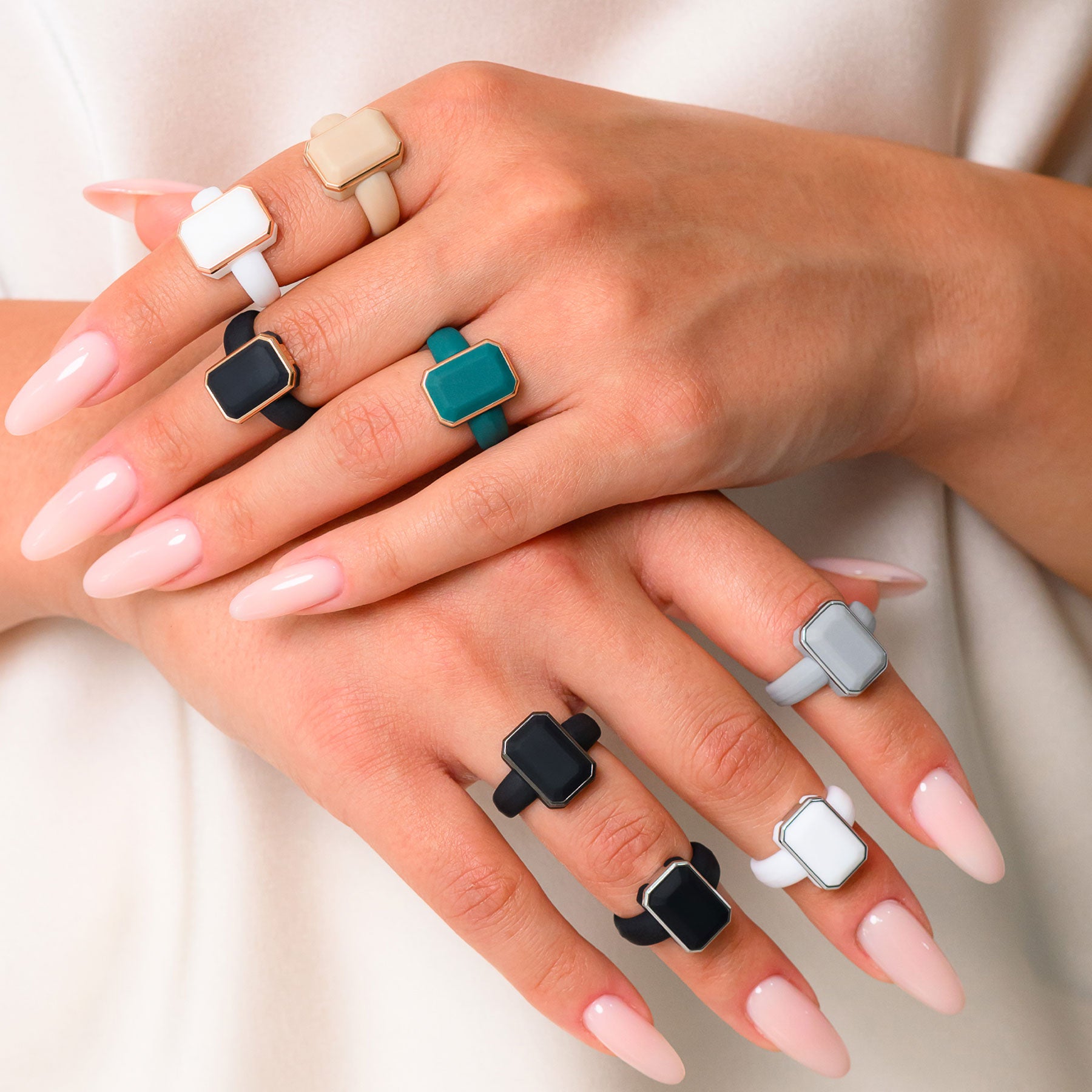 Emerald Silicone Rings with Metal Frame & CZ Stones - 2 Rings Set