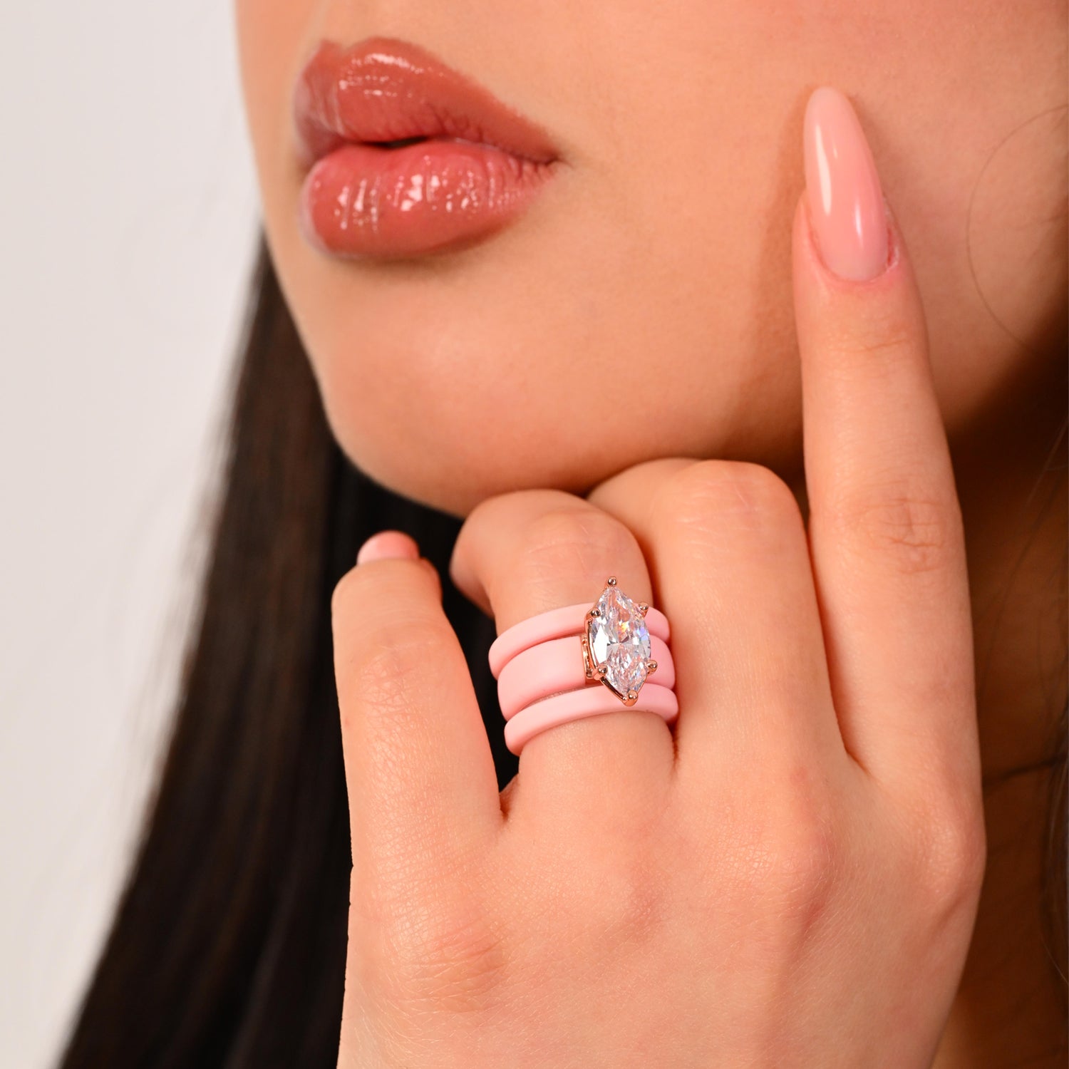 Marquise Cut CZ Silicone Ring Set for Women, 2 Thin Stackable Rings - 14×7 mm Marquise Cut CZ | Patent-Pending Design - GlowStone Collection