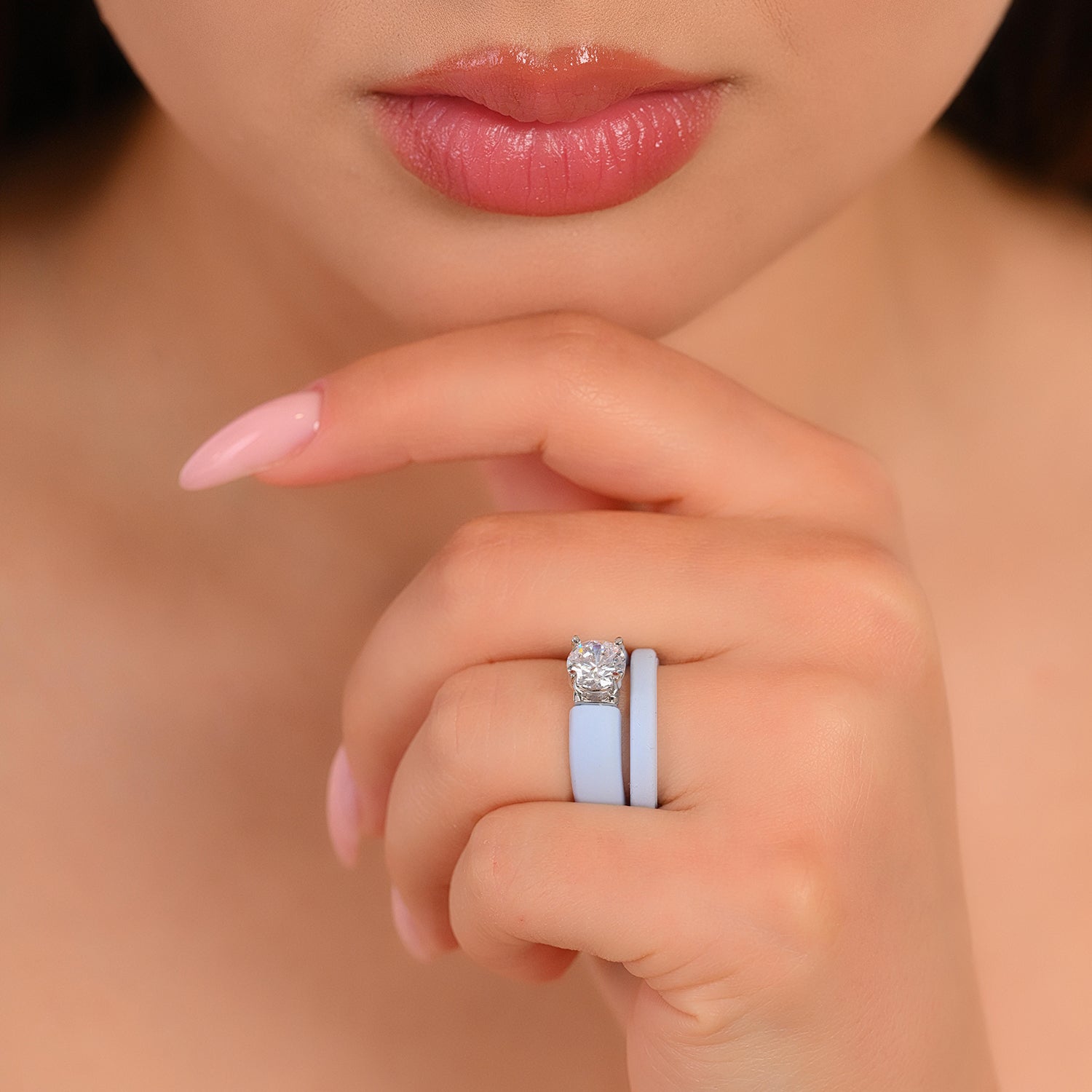 Round Cut CZ Silicone Ring Set for Women, Stackable 2-Ring Set, 7 mm Round Cut CZ | Patented Design - GlowStone Collection