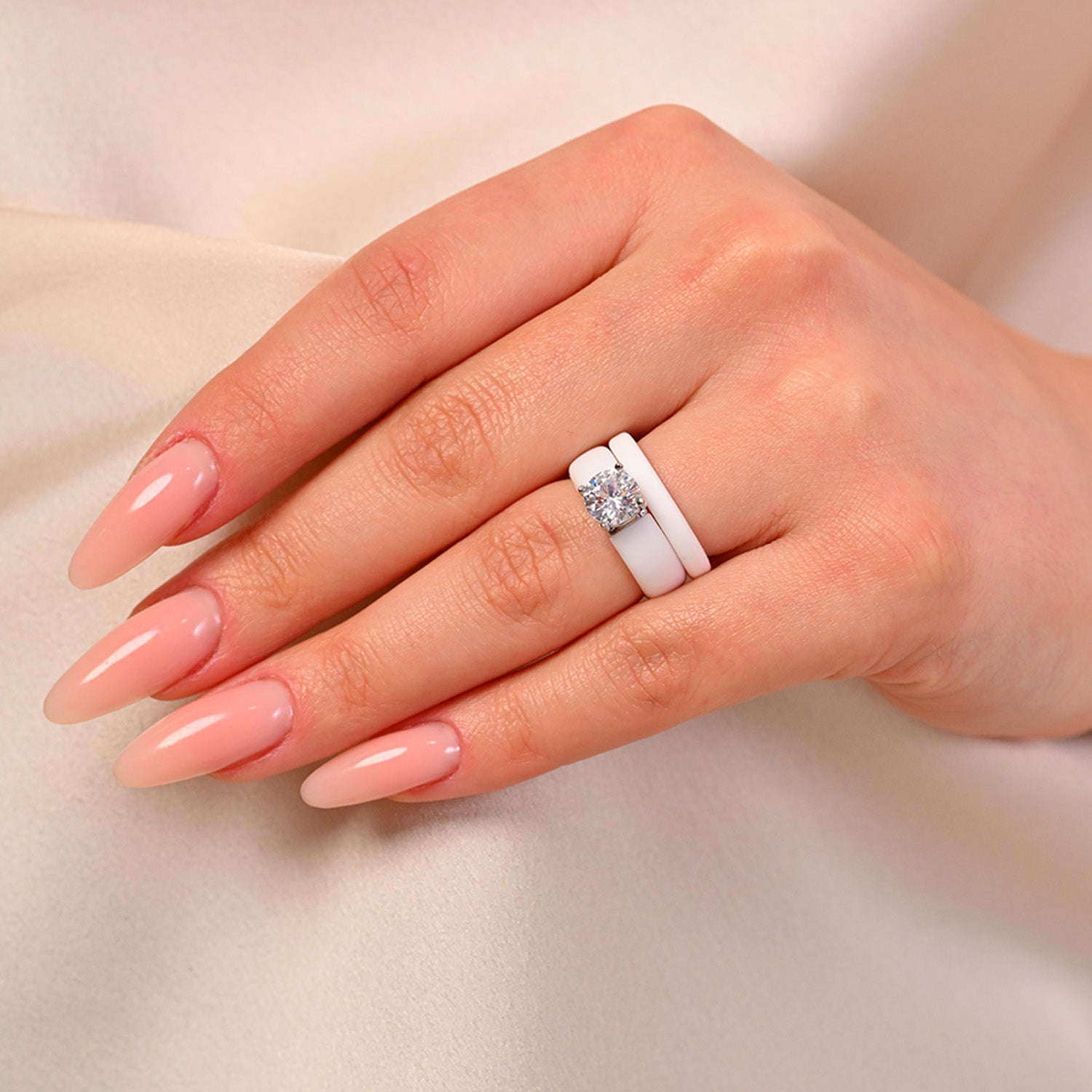Round Cut CZ Silicone Ring Set for Women, Stackable 2-Ring Set, 7 mm Round Cut CZ | Patented Design - GlowStone Collection