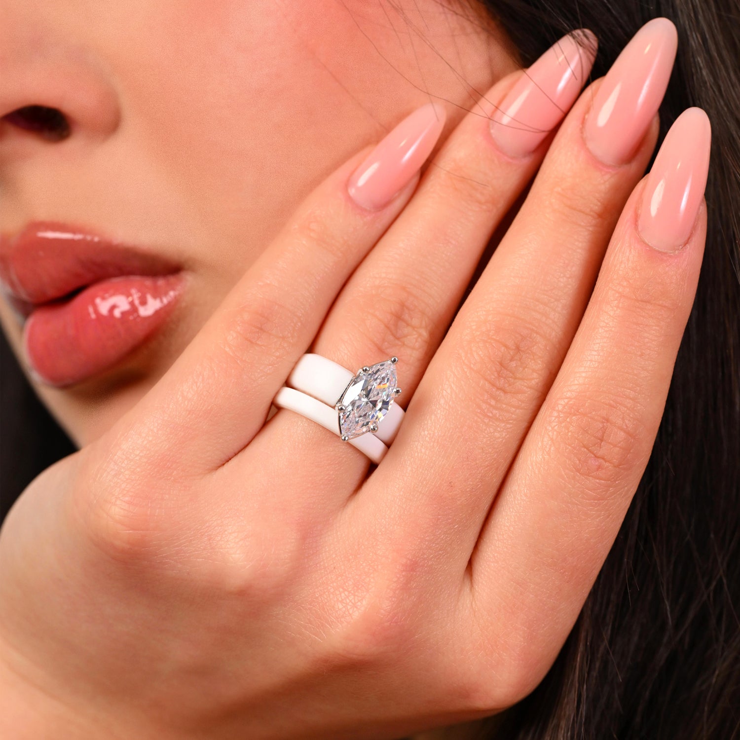 Marquise Cut Silicone Ring Set for Women, Stackable 2-Ring Set, 14×7 mm Marquise Cut CZ | Patent-Pending Design - GlowStone Collection