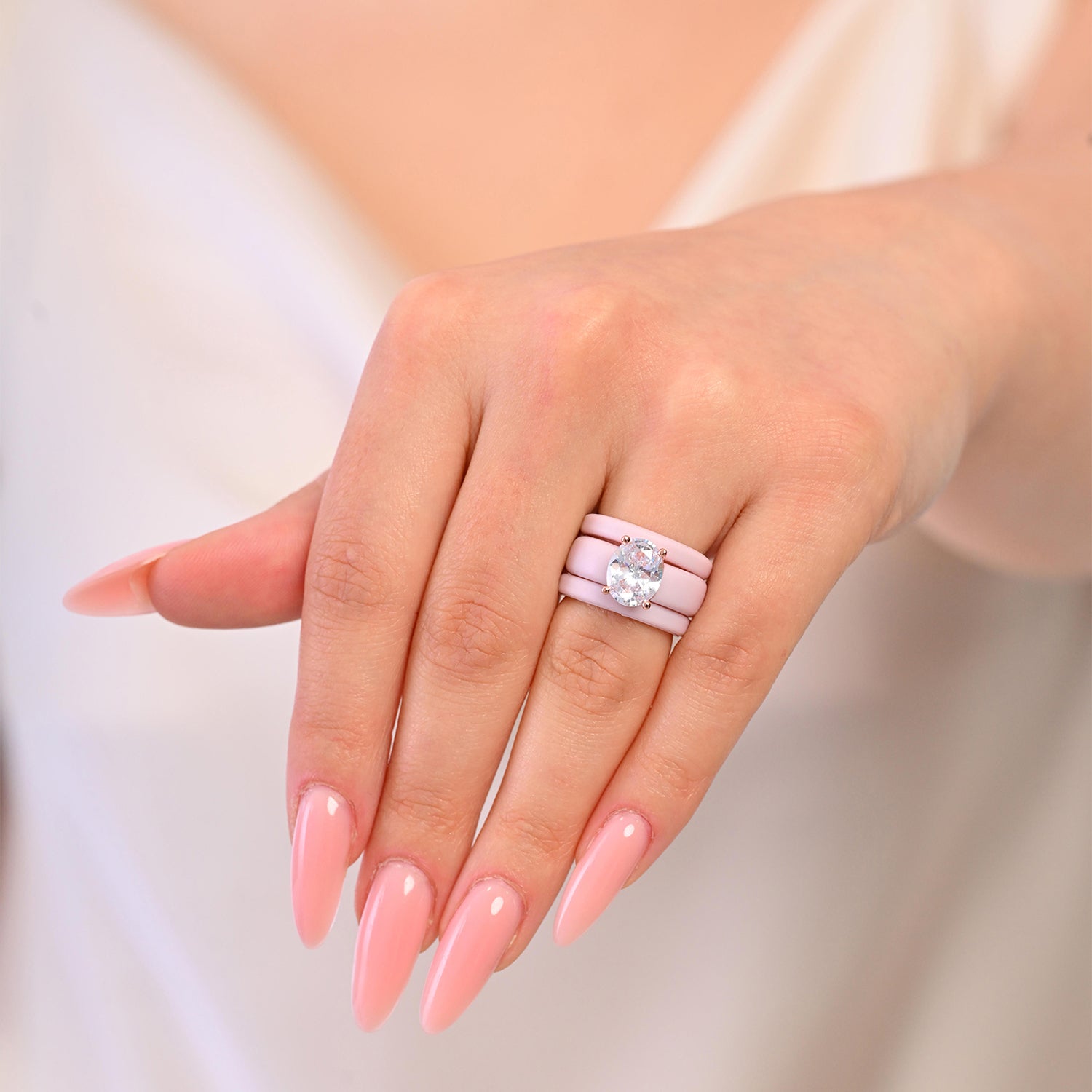 Oval Cut CZ Silicone Ring Set for Women, 2 Thin Stackable Rings – 11×8 mm Oval Cut CZ | Patented Design - GlowStone Collection