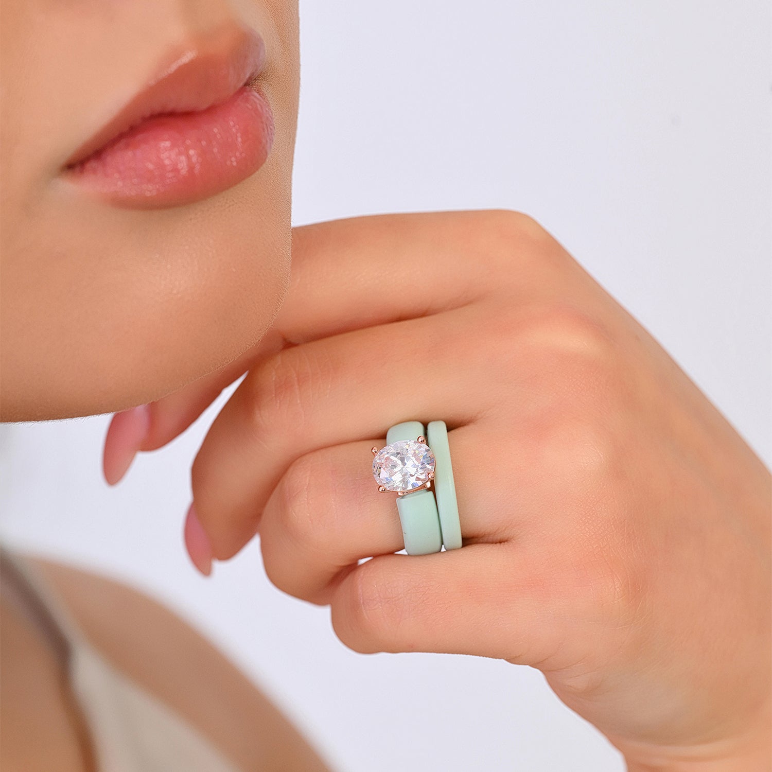 Oval Cut CZ Silicone Ring Set for Women, Stackable 2-Ring Set, 11×8 mm Oval Cut CZ | Patented Design - GlowStone Collection