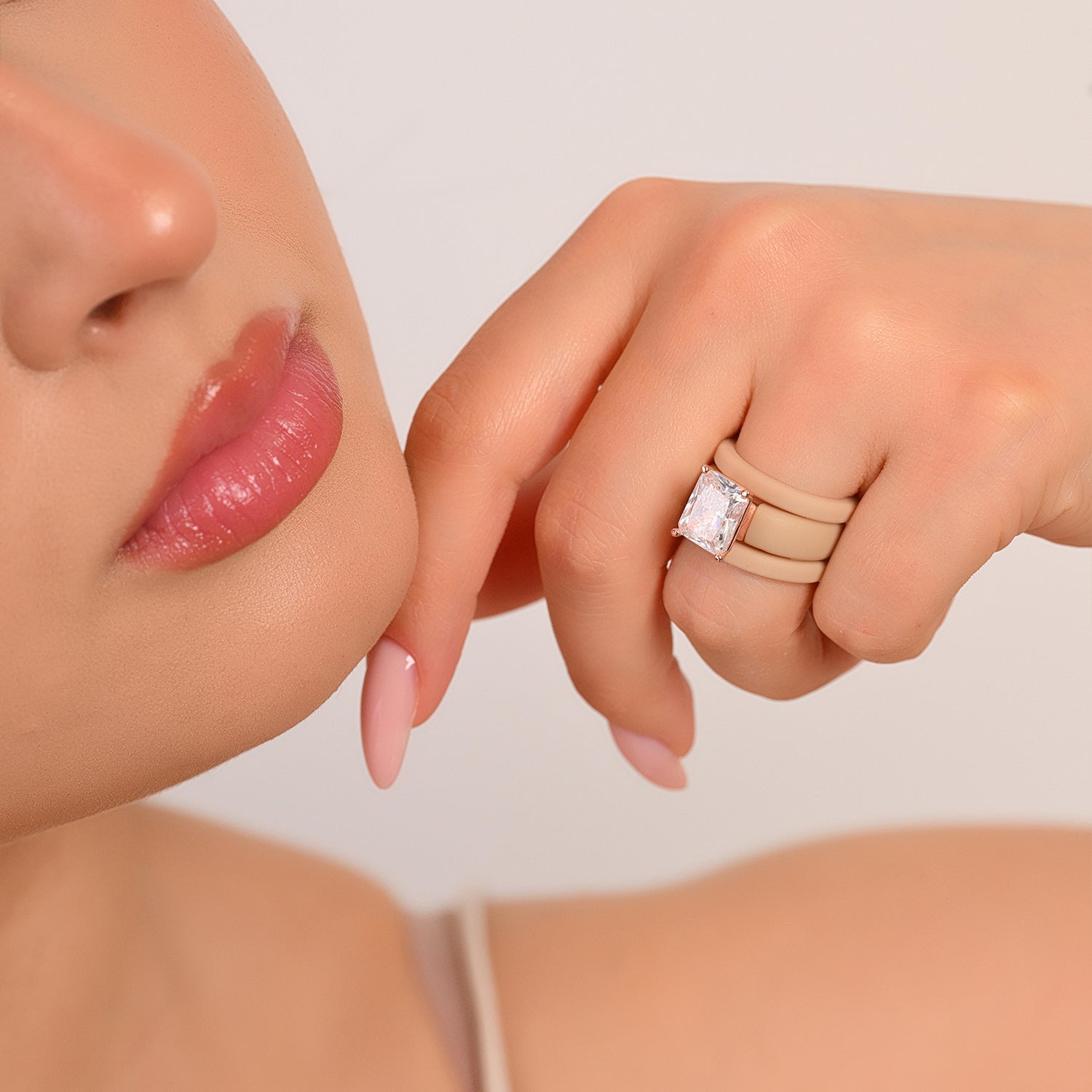 Emerald Cut CZ Silicone Ring Set for Women, 2 Thin Stackable Rings, 10x8 mm CZ Stone, Patented Design, GlowStone Collection