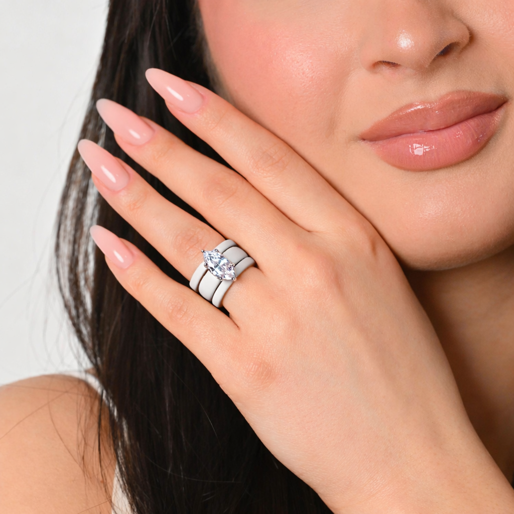 Marquise Cut CZ Silicone Ring Set for Women, 2 Thin Stackable Rings - 14×7 mm Marquise Cut CZ | Patent-Pending Design - GlowStone Collection