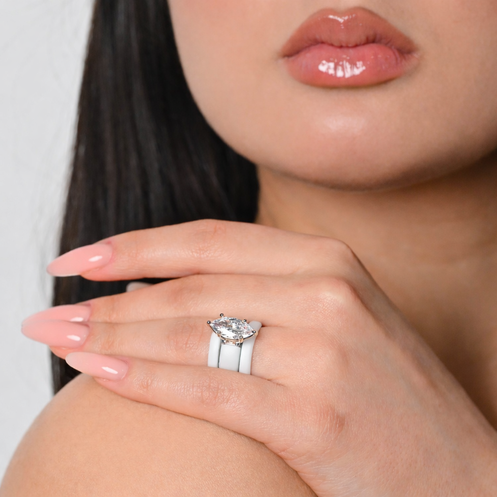 Marquise Cut CZ Silicone Ring Set for Women, 2 Thin Stackable Rings - 14×7 mm Marquise Cut CZ | Patent-Pending Design - GlowStone Collection