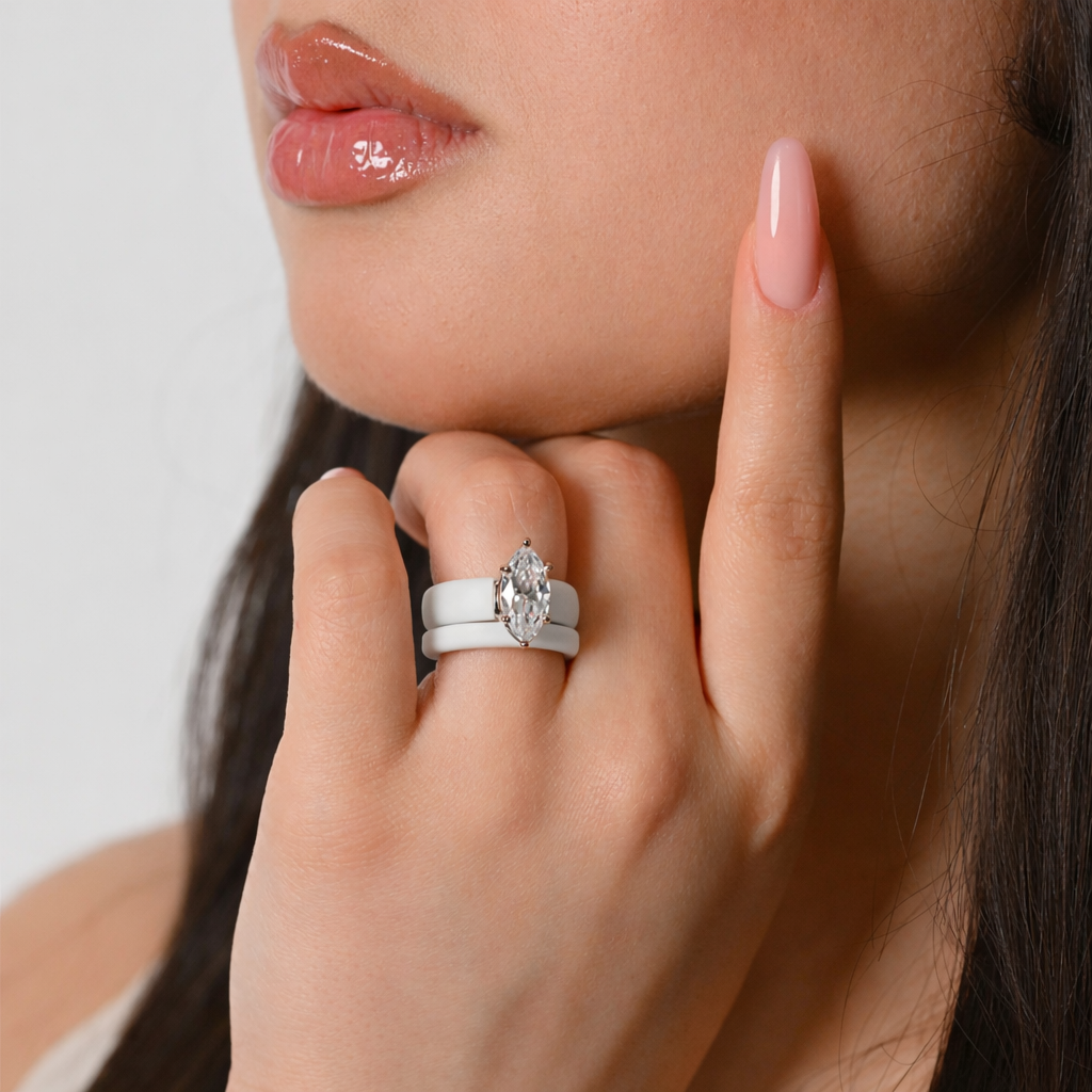 Marquise Cut Silicone Ring Set for Women, Stackable 2-Ring Set, 14×7 mm Marquise Cut CZ | Patent-Pending Design - GlowStone Collection