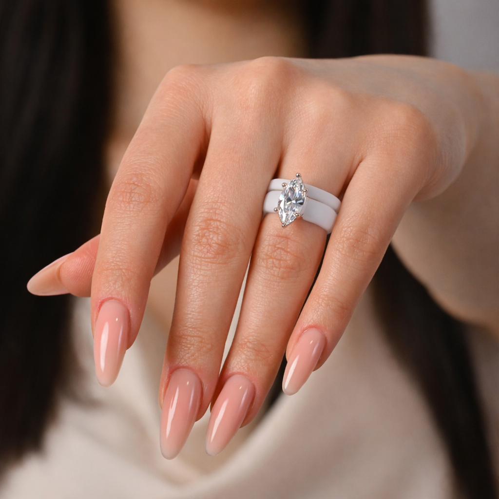 Marquise Cut Silicone Ring Set for Women, Stackable 2-Ring Set, 14×7 mm Marquise Cut CZ | Patent-Pending Design - GlowStone Collection