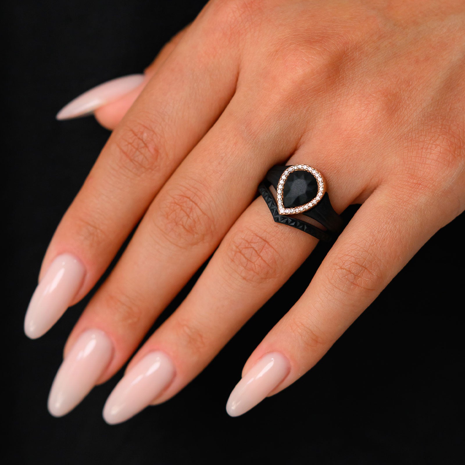 Pear Silicone Ring with Metal Frame and Stones - 2 Rings Set