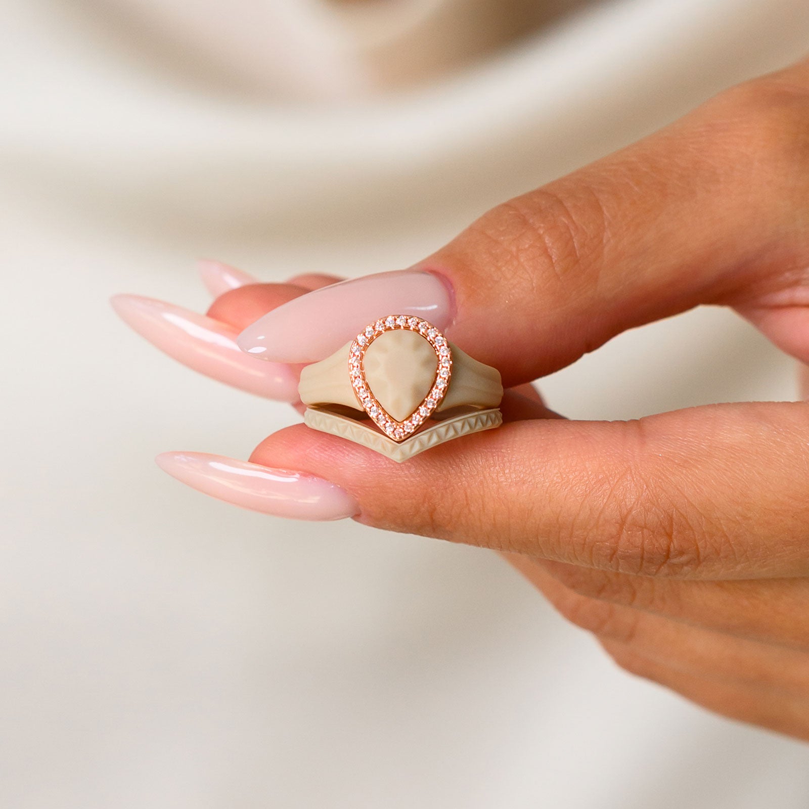 Pear Silicone Ring with Metal Frame and Stones - 2 Rings Set