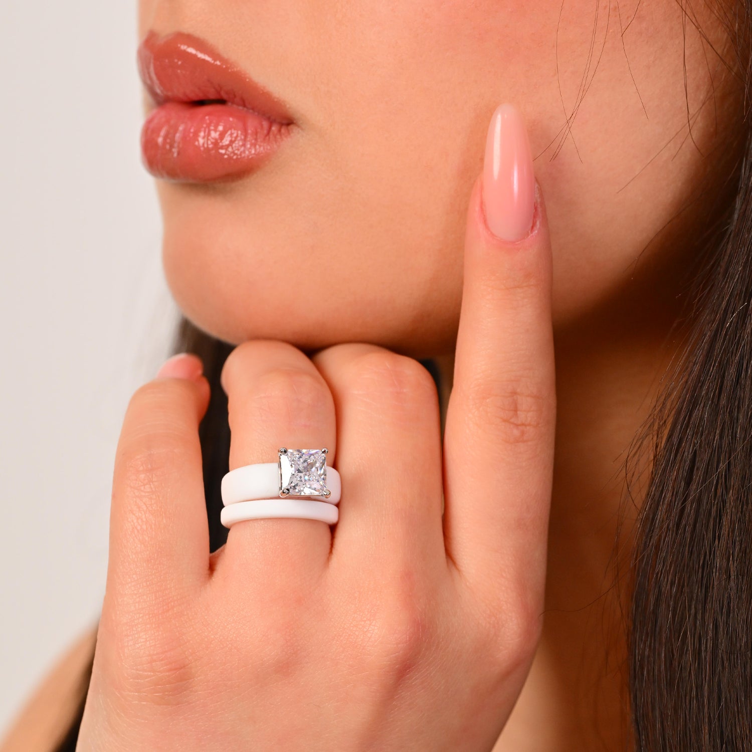 Princess Cut CZ Silicone Ring Set for Women, Stackable 2-Ring Set, 8×8 mm Princess Cut CZ | Patented Design - GlowStone Collection