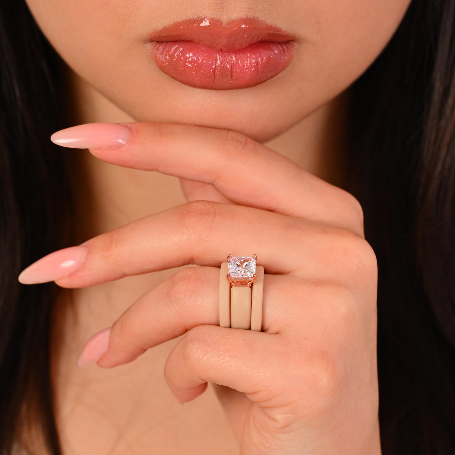 Princess Cut CZ Silicone Ring Set for Women, 2 Thin Stackable Rings – 8 ×8 mm Princess Cut CZ | Patented Design - GlowStone Collection