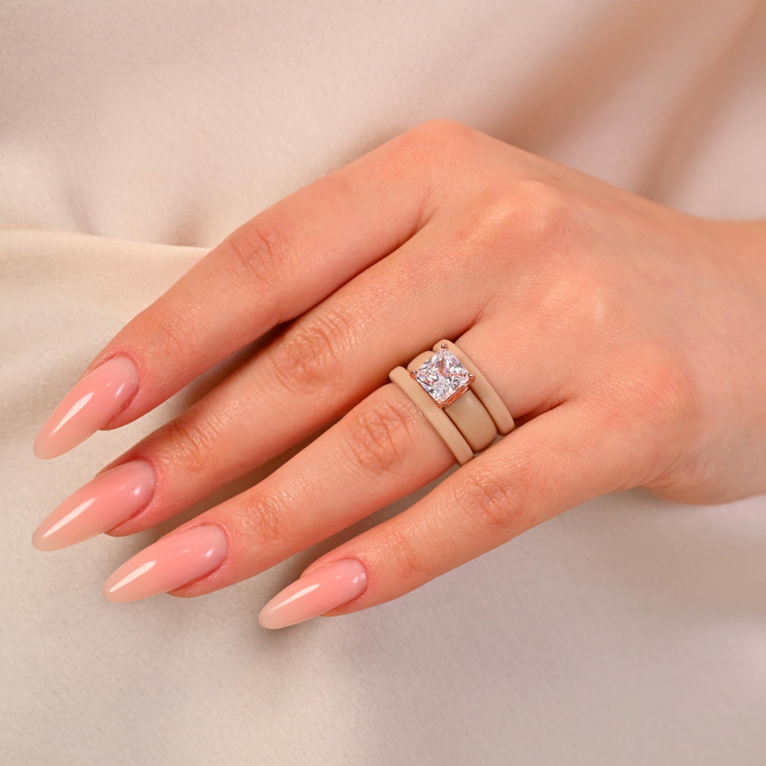 Princess Cut CZ Silicone Ring Set for Women, 2 Thin Stackable Rings – 8 ×8 mm Princess Cut CZ | Patented Design - GlowStone Collection