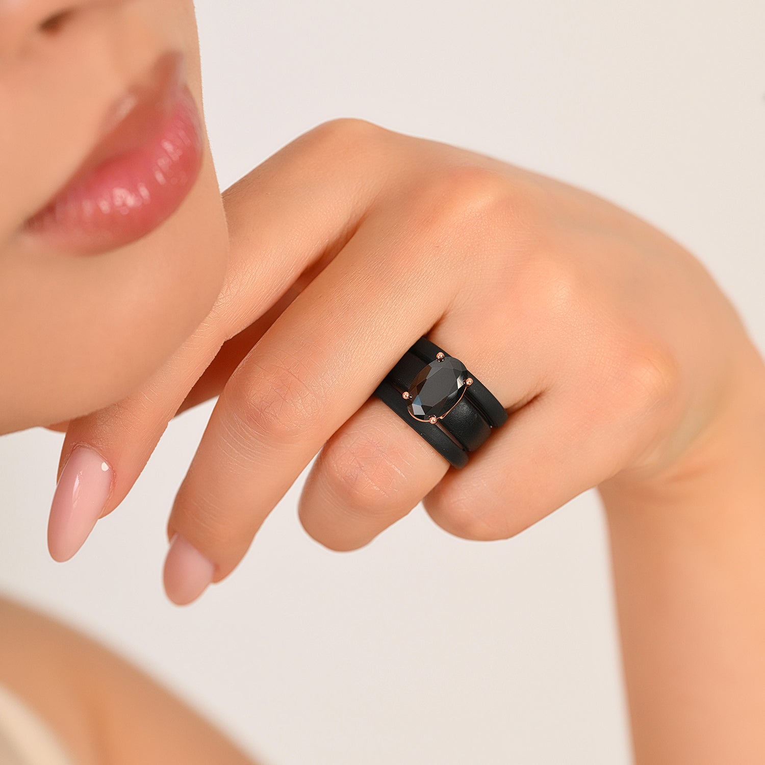 GlowStone Black Oval Cut CZ Ring Set for Women | Stackable 3-Ring Silicone Wedding Ring Set with 12×8 mm Oval CZ | Patented Design