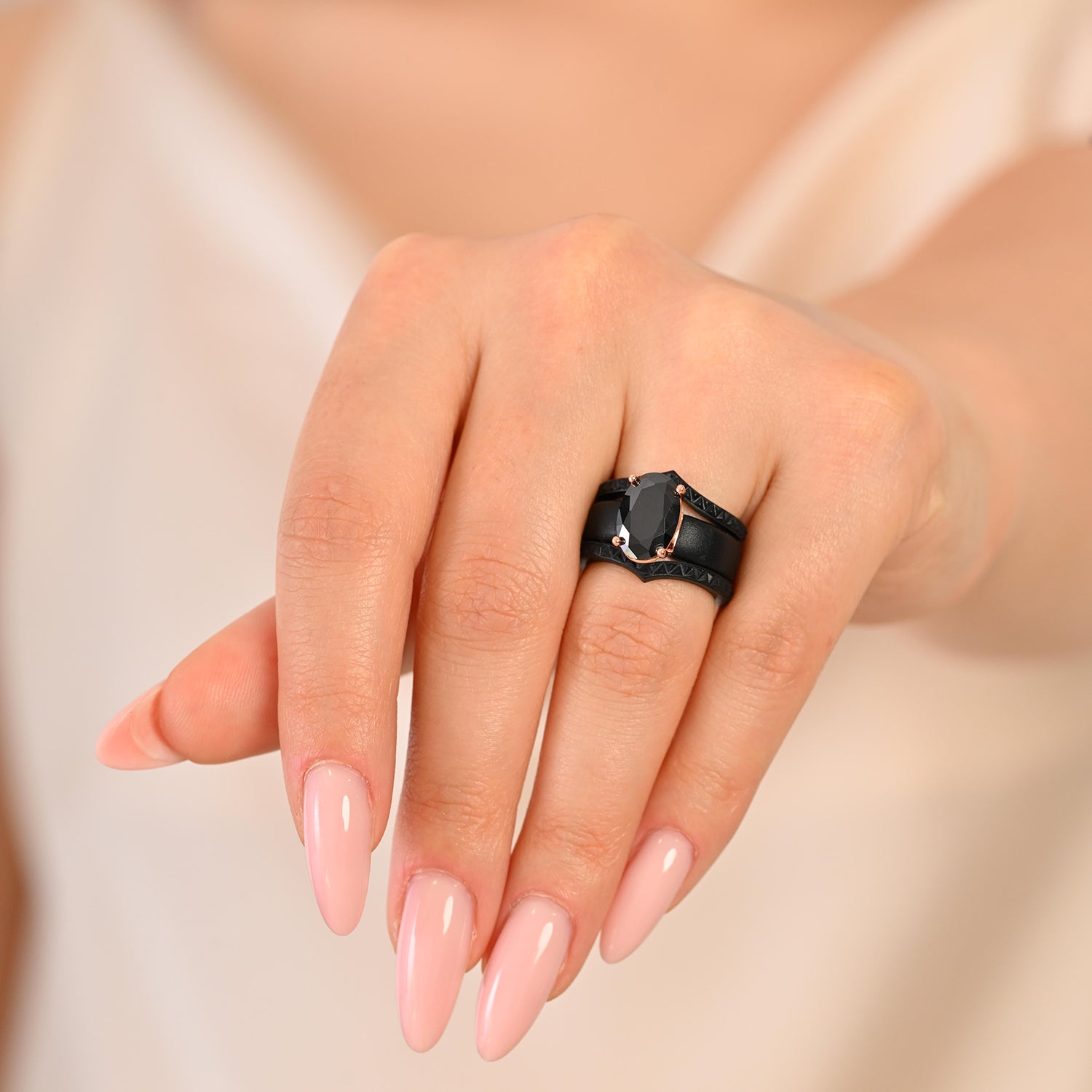 Silicone Ring Stackable Set – 12×8 mm Black Oval Cut CZ | Patented Design - GlowStone Collection