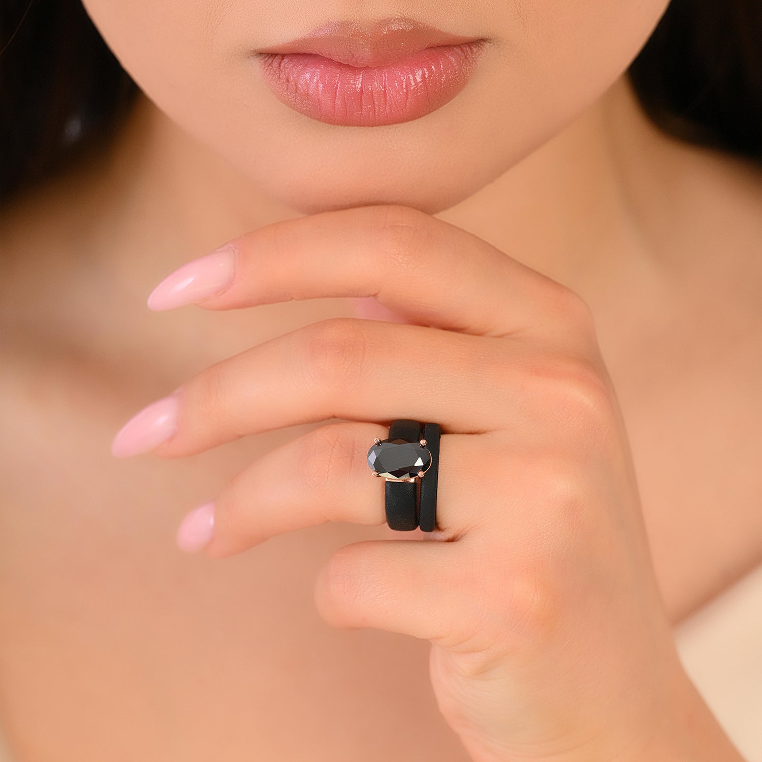 GlowStone Black Oval Cut CZ Ring Set for Women | Stackable 2-Ring Silicone Wedding Ring Set with 12×8 mm Oval CZ | Patented Design