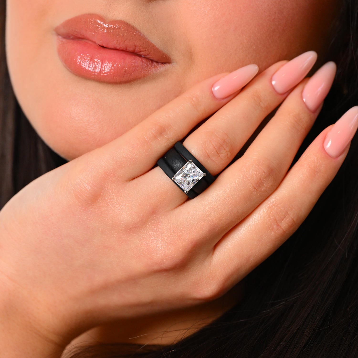 Emerald Cut CZ Silicone Ring Set for Women, 2 Thin Stackable Rings, 10x8 mm CZ Stone, Patented Design, GlowStone Collection