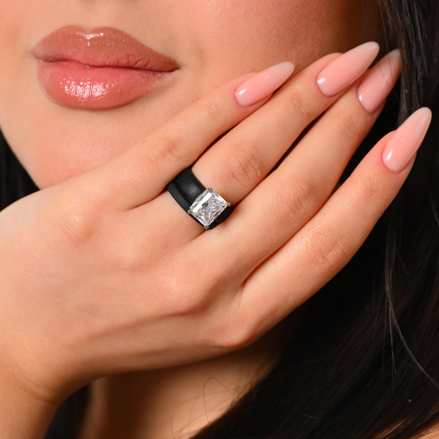 Emerald Cut CZ Silicone Ring Set for Women, Stackable 2-Ring Set, 10x8 mm CZ Stone, Thin Band, Patented Design, GlowStone Collection