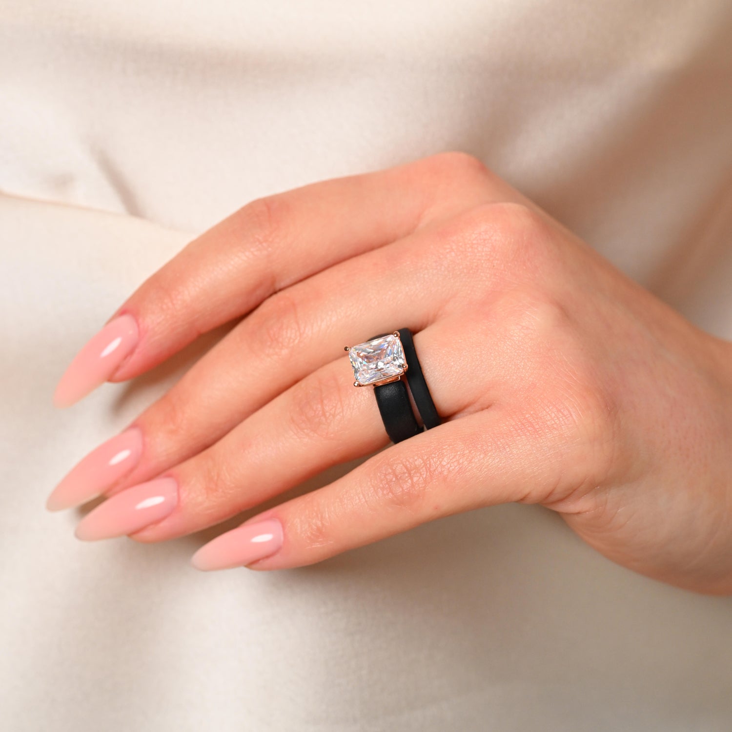 Emerald Cut CZ Silicone Ring Set for Women, Stackable 2-Ring Set, 10x8 mm CZ Stone, Thin Band, Patented Design, GlowStone Collection