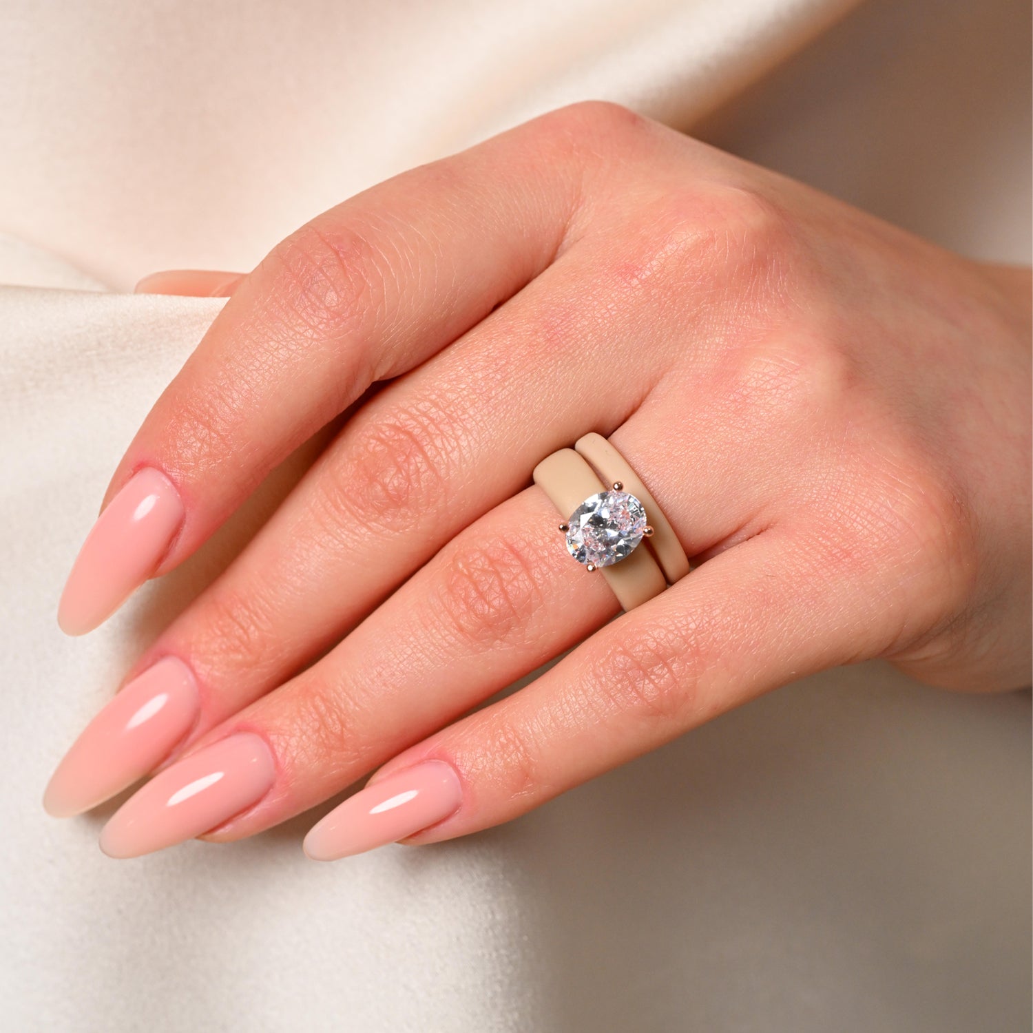Oval Cut CZ Silicone Ring Set for Women, Stackable 2-Ring Set, 11×8 mm Oval Cut CZ | Patented Design - GlowStone Collection