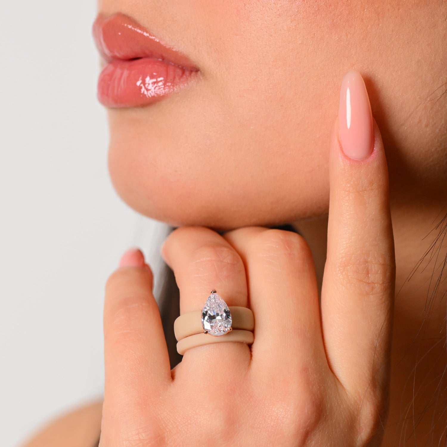 Pear Cut CZ Silicone Ring Set for Women, Stackable 2-Ring Set, 8×12 mm Pear Cut CZ, Patent-Pending Design - GlowStone Collection