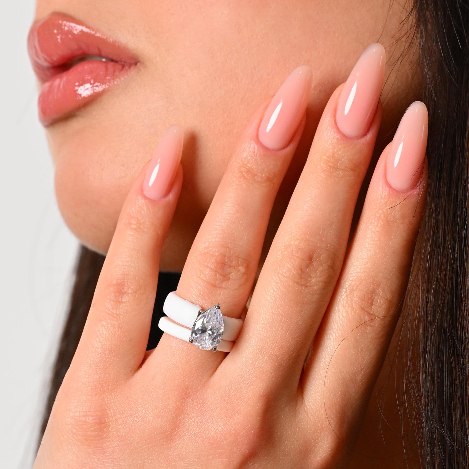 Pear Cut CZ Silicone Ring Set for Women, Stackable 2-Ring Set, 8×12 mm Pear Cut CZ, Patent-Pending Design - GlowStone Collection
