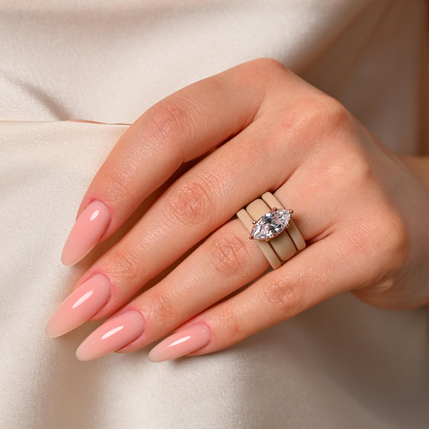 Marquise Cut CZ Silicone Ring Set for Women, 2 Thin Stackable Rings - 14×7 mm Marquise Cut CZ | Patent-Pending Design - GlowStone Collection