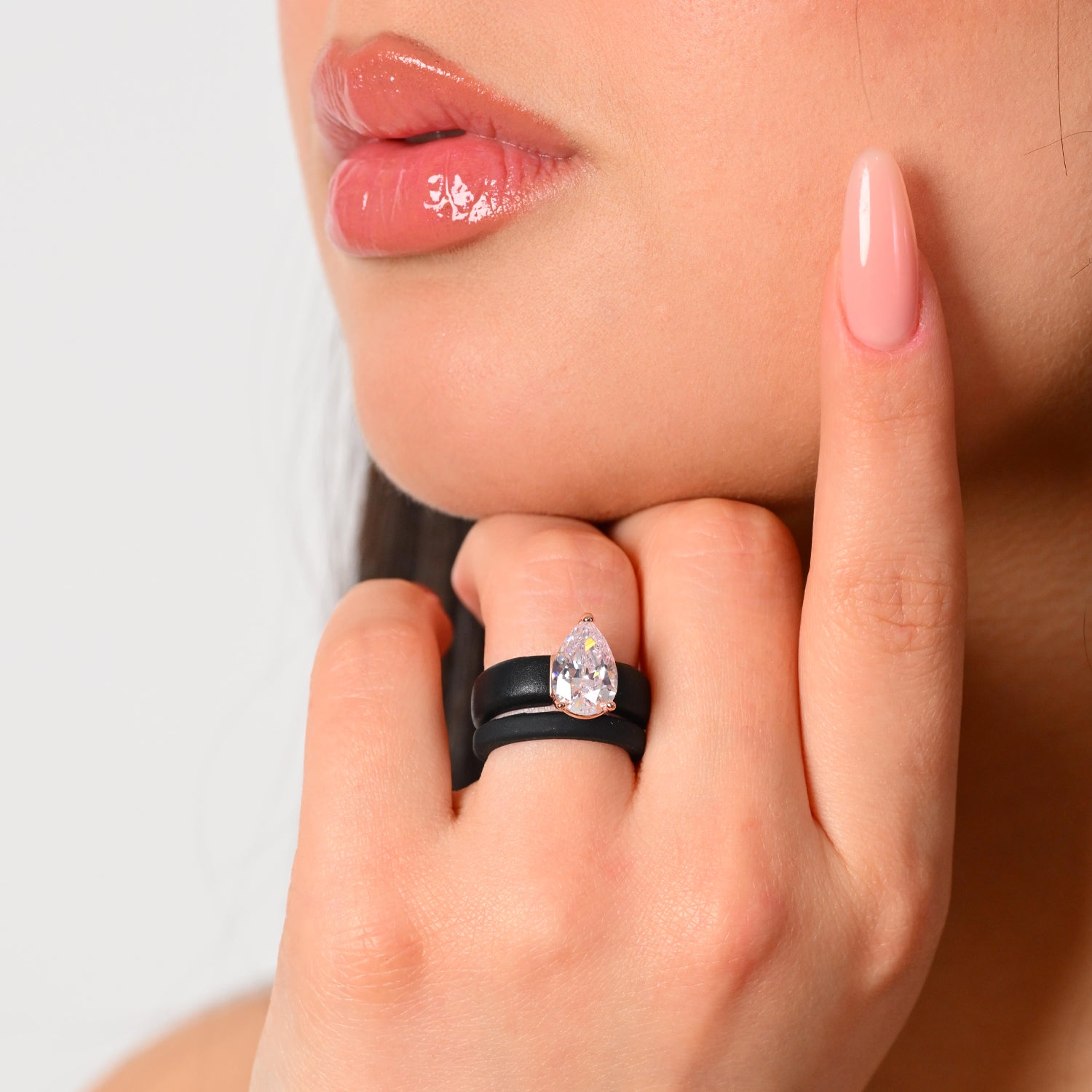 Pear Cut CZ Silicone Ring Set for Women, Stackable 2-Ring Set, 8×12 mm Pear Cut CZ, Patent-Pending Design - GlowStone Collection