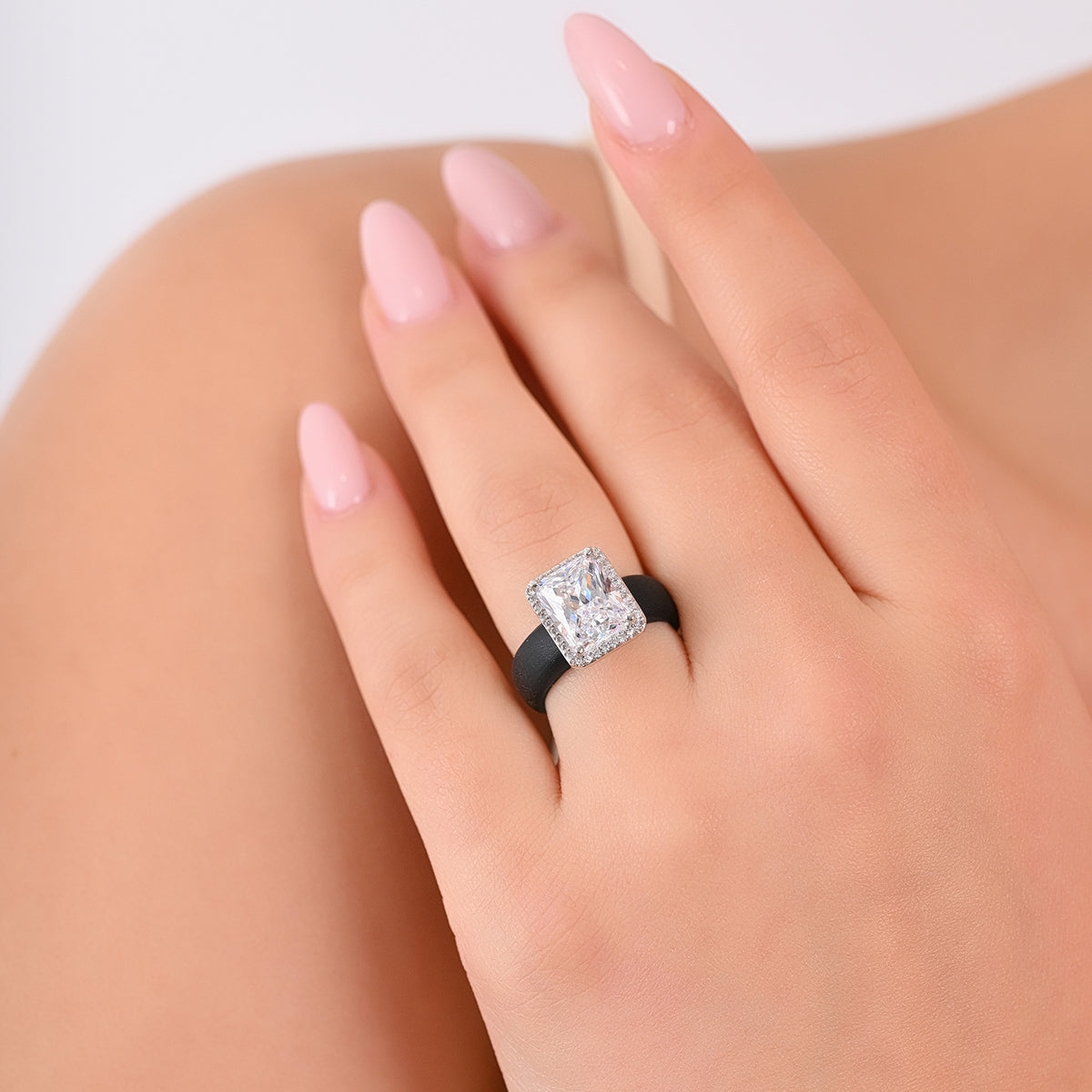 Rinfit Halo Silicone Ring for Women – 10×8 mm Emerald Cut CZ | Patented Design