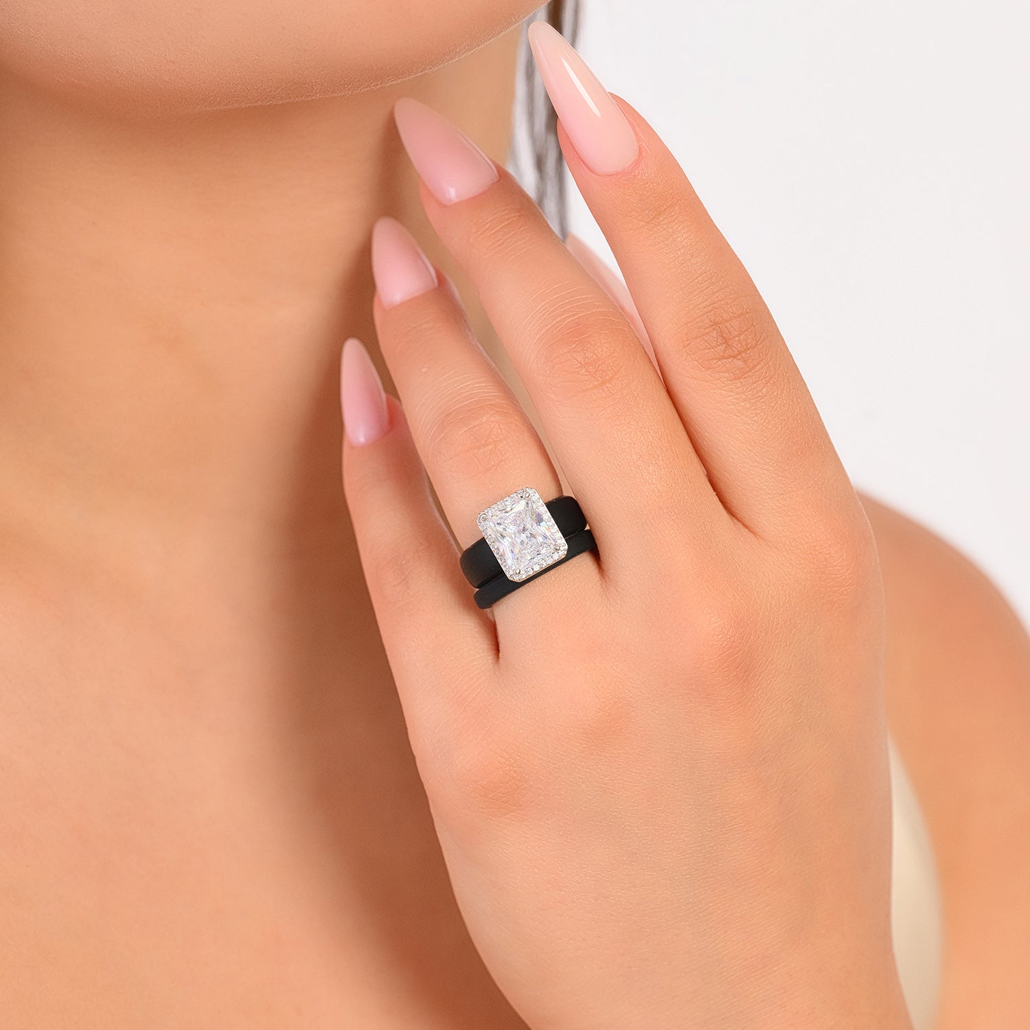 Rinfit Halo Silicone Ring Set for Women, Stackable 2-Ring Set, 10x8 mm CZ Stone + Thin Band - Patented Design