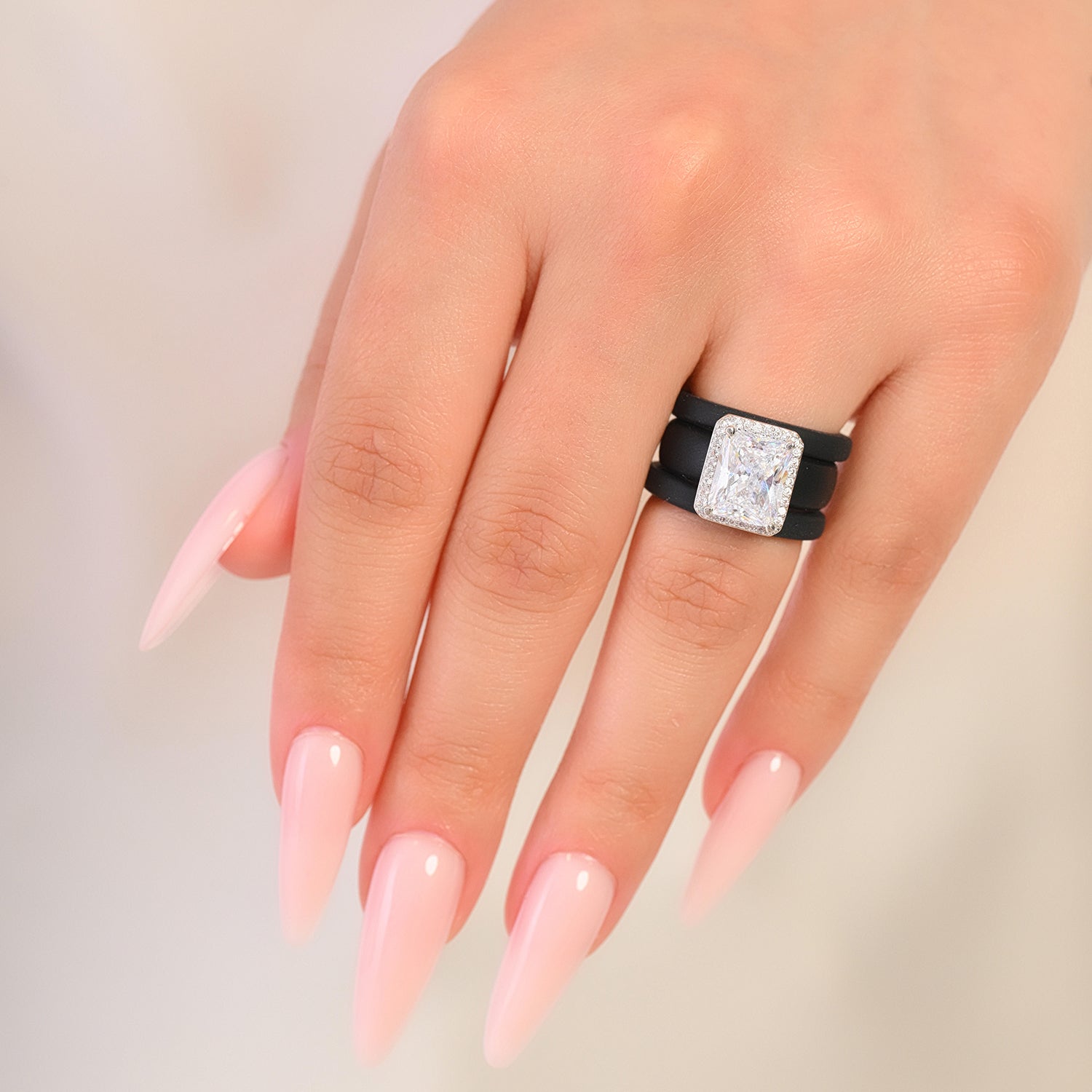 Rinfit Halo Silicone Ring Set for Women, Stackable 3 Ring Set, 10×8 mm CZ Stone + 2 Thin Rings | Patented Design