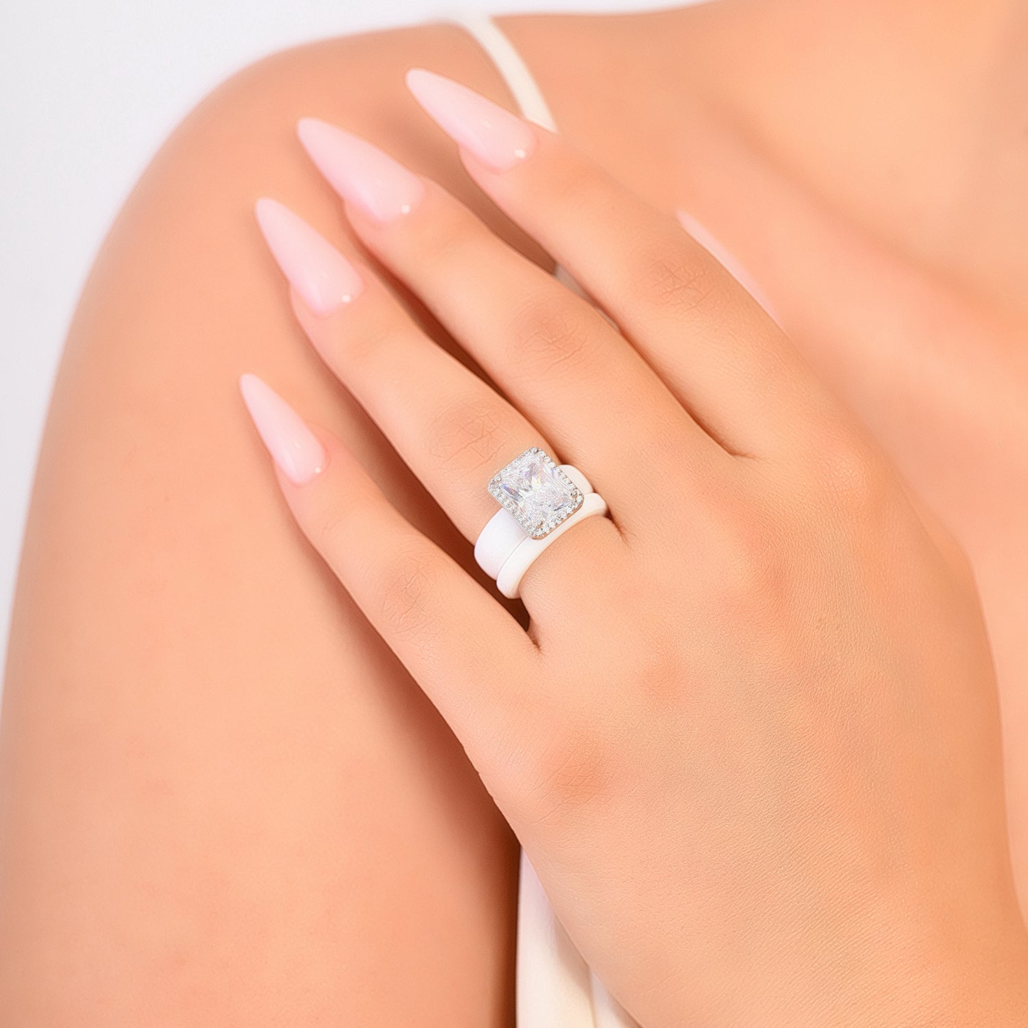 Rinfit Halo Silicone Ring Set for Women, Stackable 2-Ring Set, 10x8 mm CZ Stone + Thin Band - Patented Design