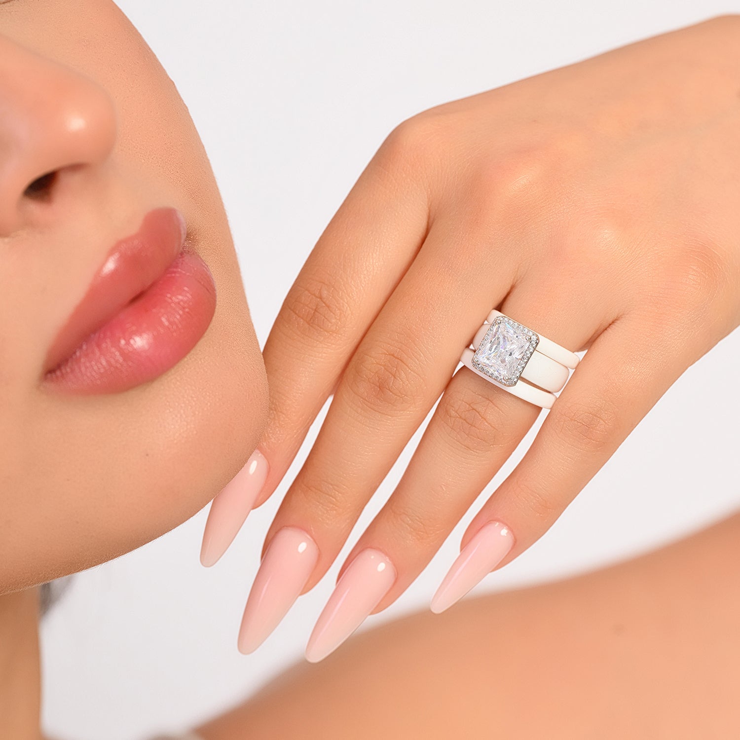 Rinfit Halo Silicone Ring Set for Women, Stackable 3 Ring Set, 10×8 mm CZ Stone + 2 Thin Rings | Patented Design