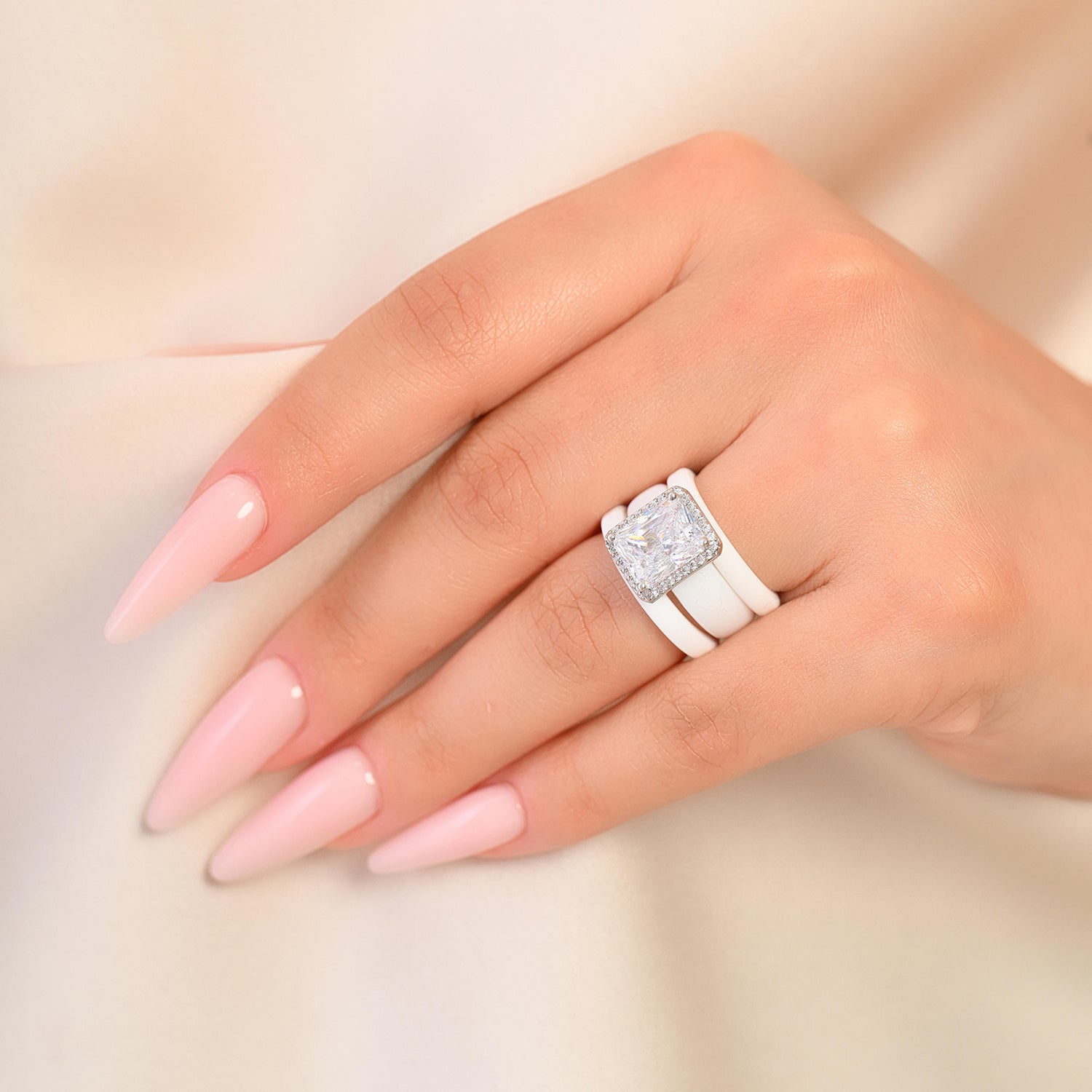 Rinfit Halo Silicone Ring Set for Women, Stackable 3 Ring Set, 10×8 mm CZ Stone + 2 Thin Rings | Patented Design